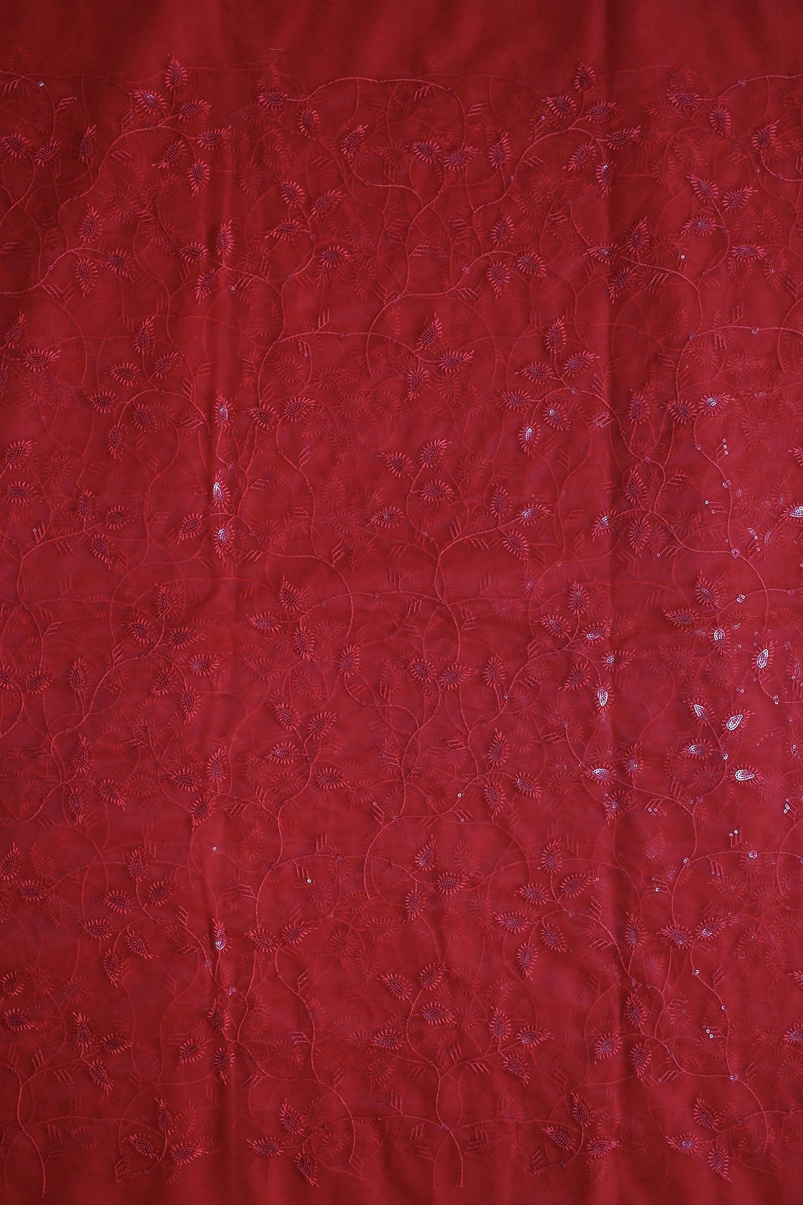Red Thread With Water Sequins Beautiful Leafy Embroidery On Red Soft Net Fabric - doeraa
