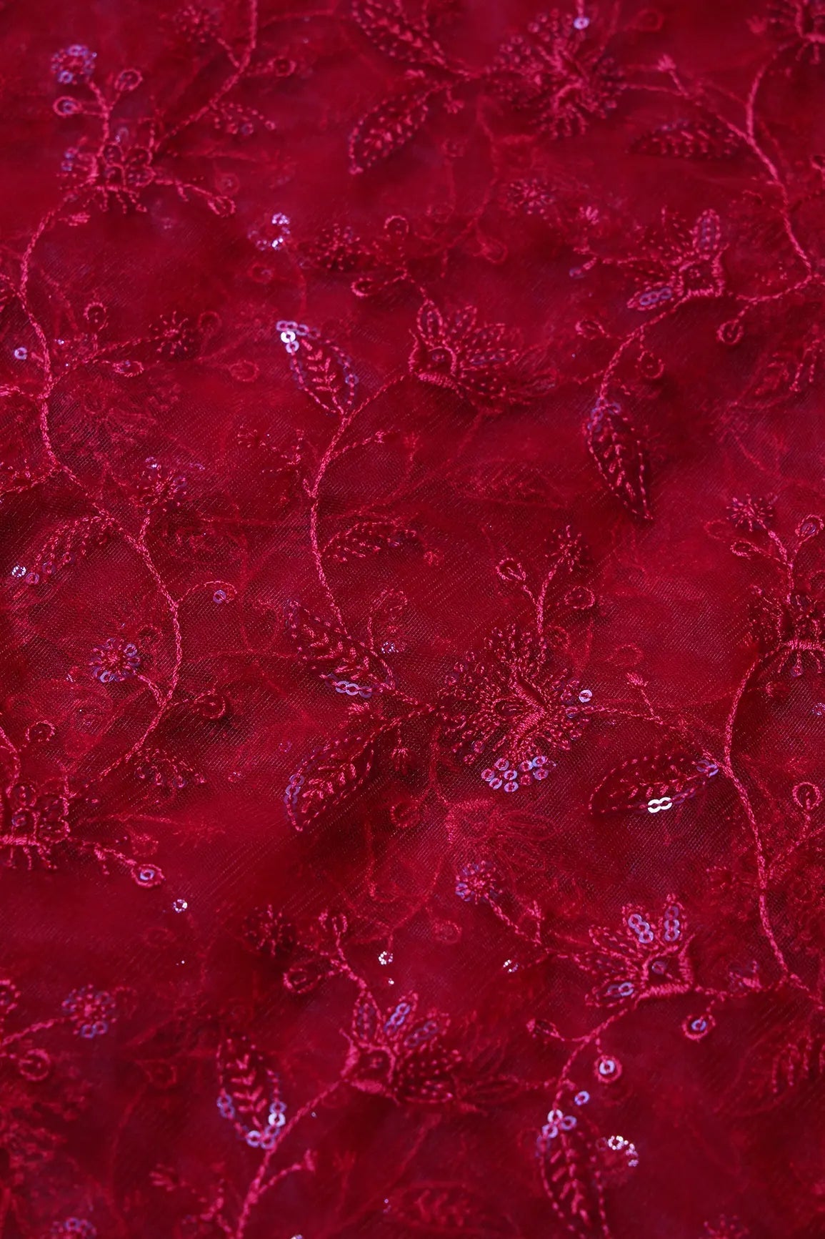 Red Thread With Water Sequins Floral Embroidery On Red Soft Net Fabric - doeraa