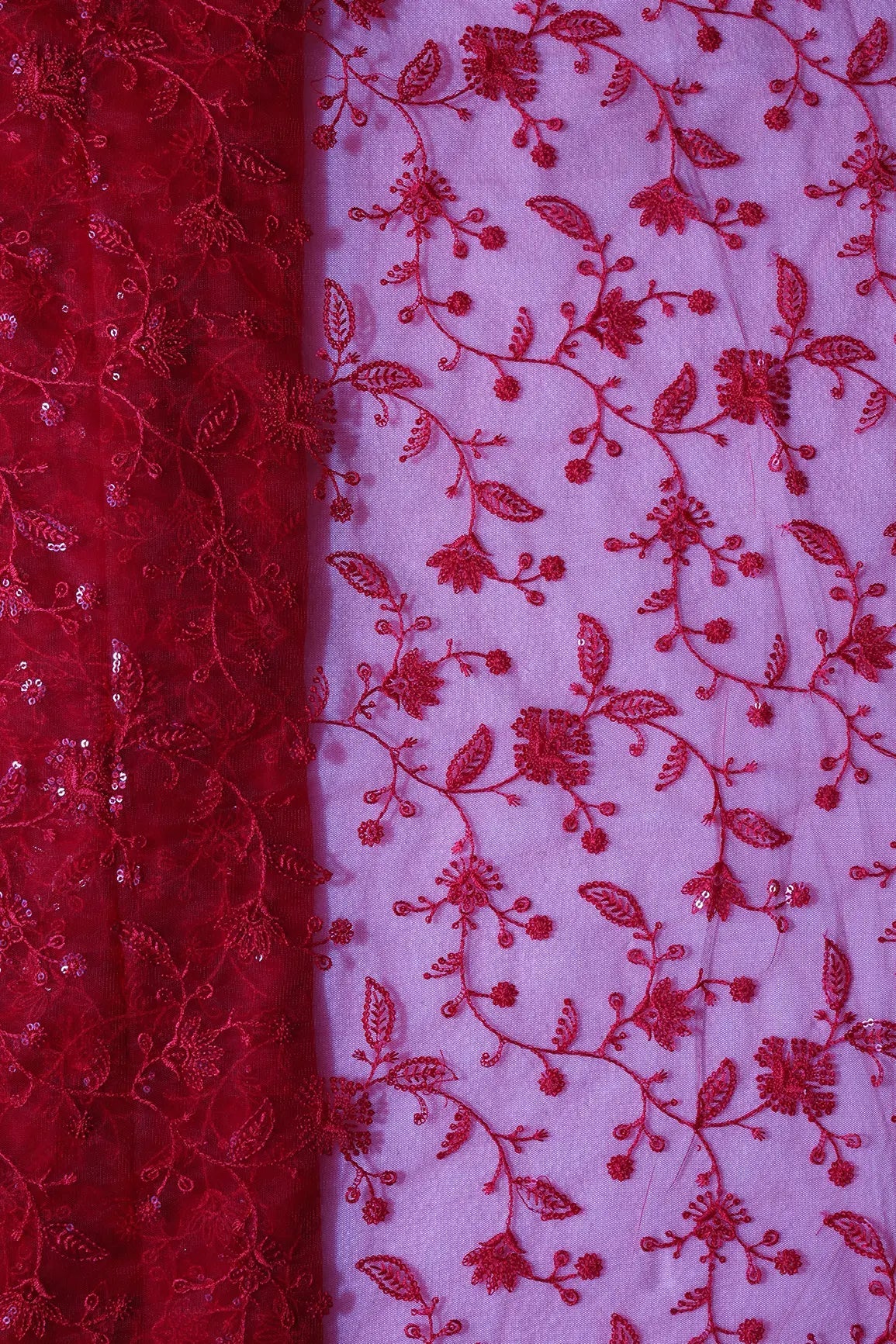 Red Thread With Water Sequins Floral Embroidery On Red Soft Net Fabric - doeraa