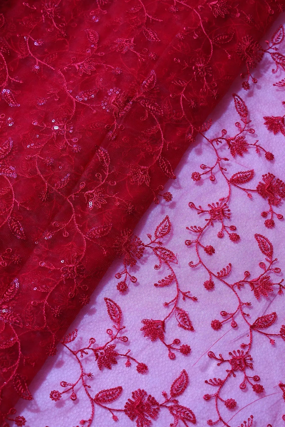 Red Thread With Water Sequins Floral Embroidery On Red Soft Net Fabric - doeraa