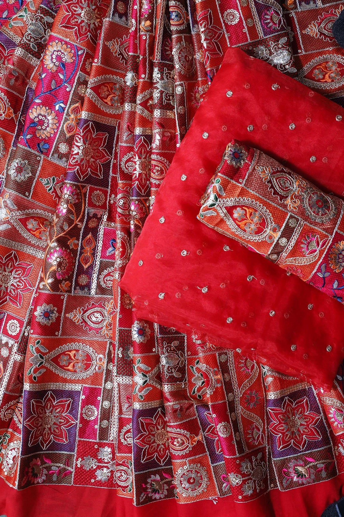 Red Unstitched Lehenga Set Fabric (3 Piece) - doeraa