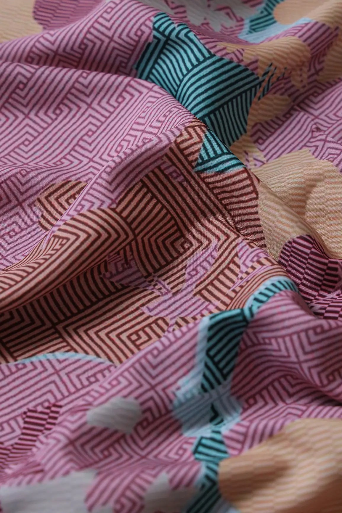 Rose Pink And Brown Geometric Pattern Digital Print On French Crepe Fabric - doeraa