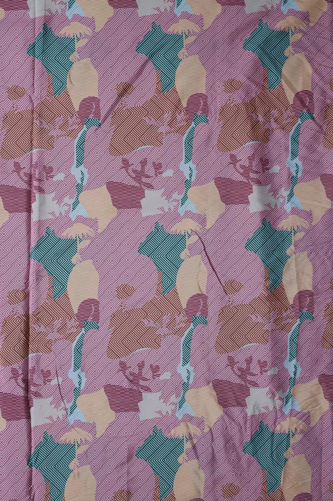 Rose Pink And Brown Geometric Pattern Digital Print On French Crepe Fabric - doeraa