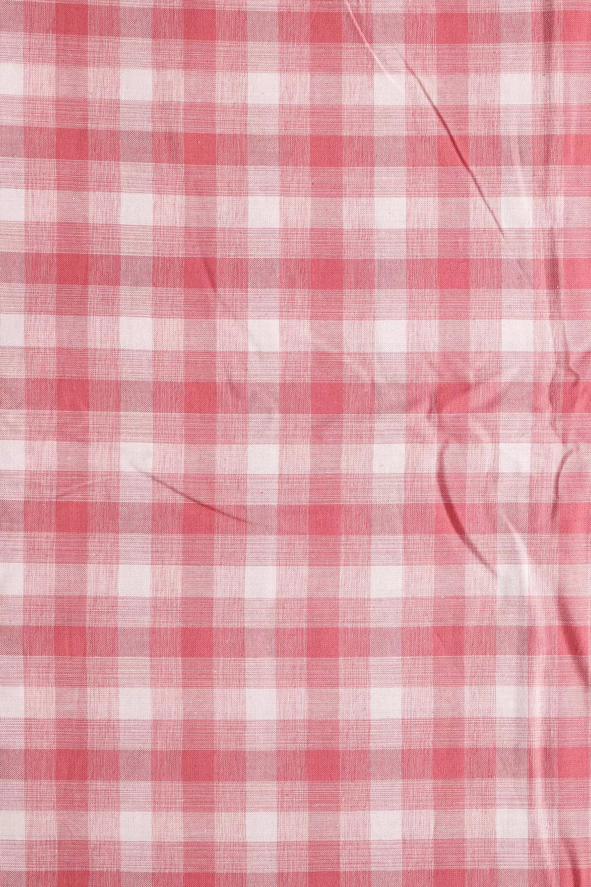 Rouge Pink And White Checks Pattern Handwoven Organic Cotton Fabric - doeraa