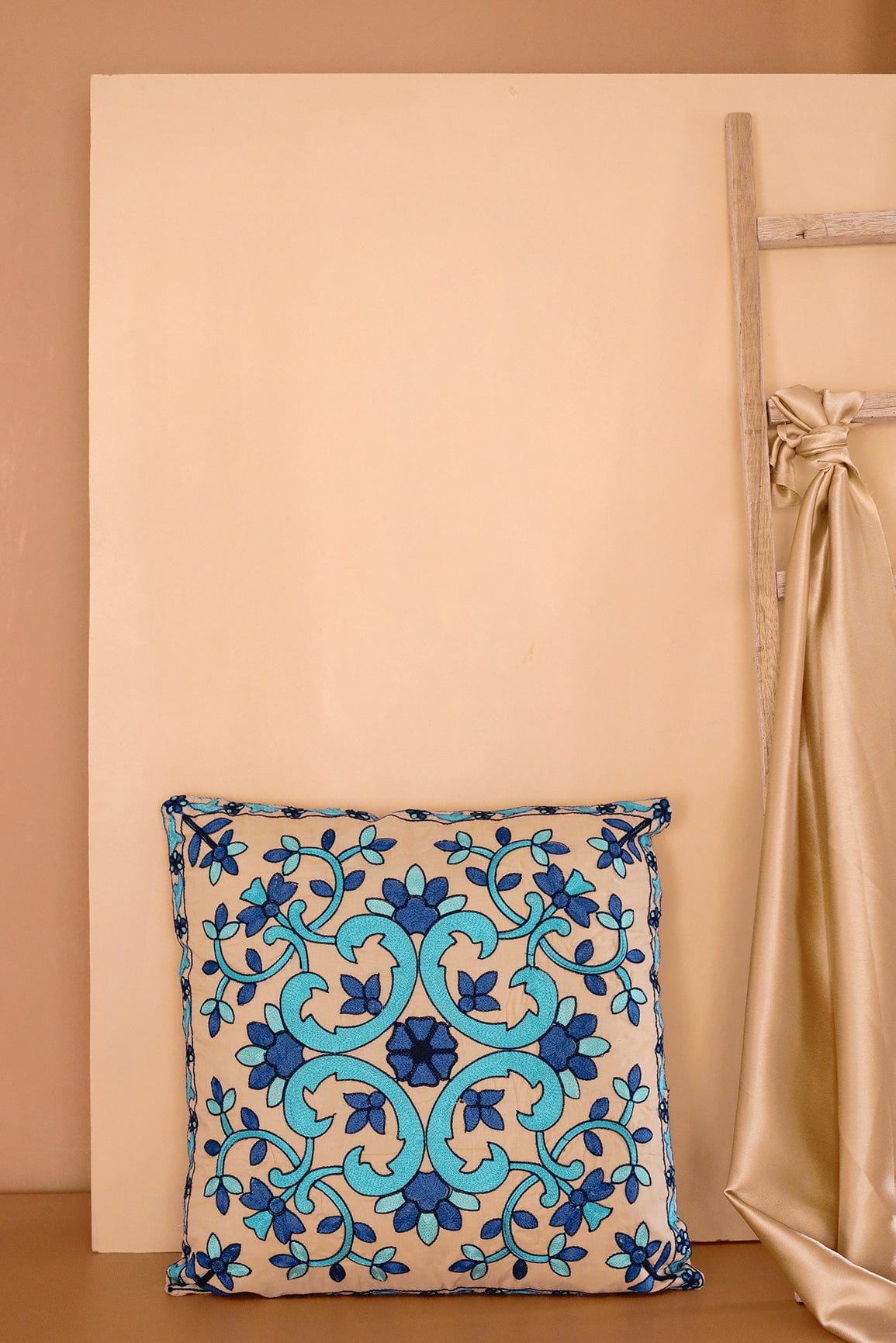 Royal Blue and Sky Blue Embroidery on off white cotton Cushion Cover (16*16 inches) - doeraa