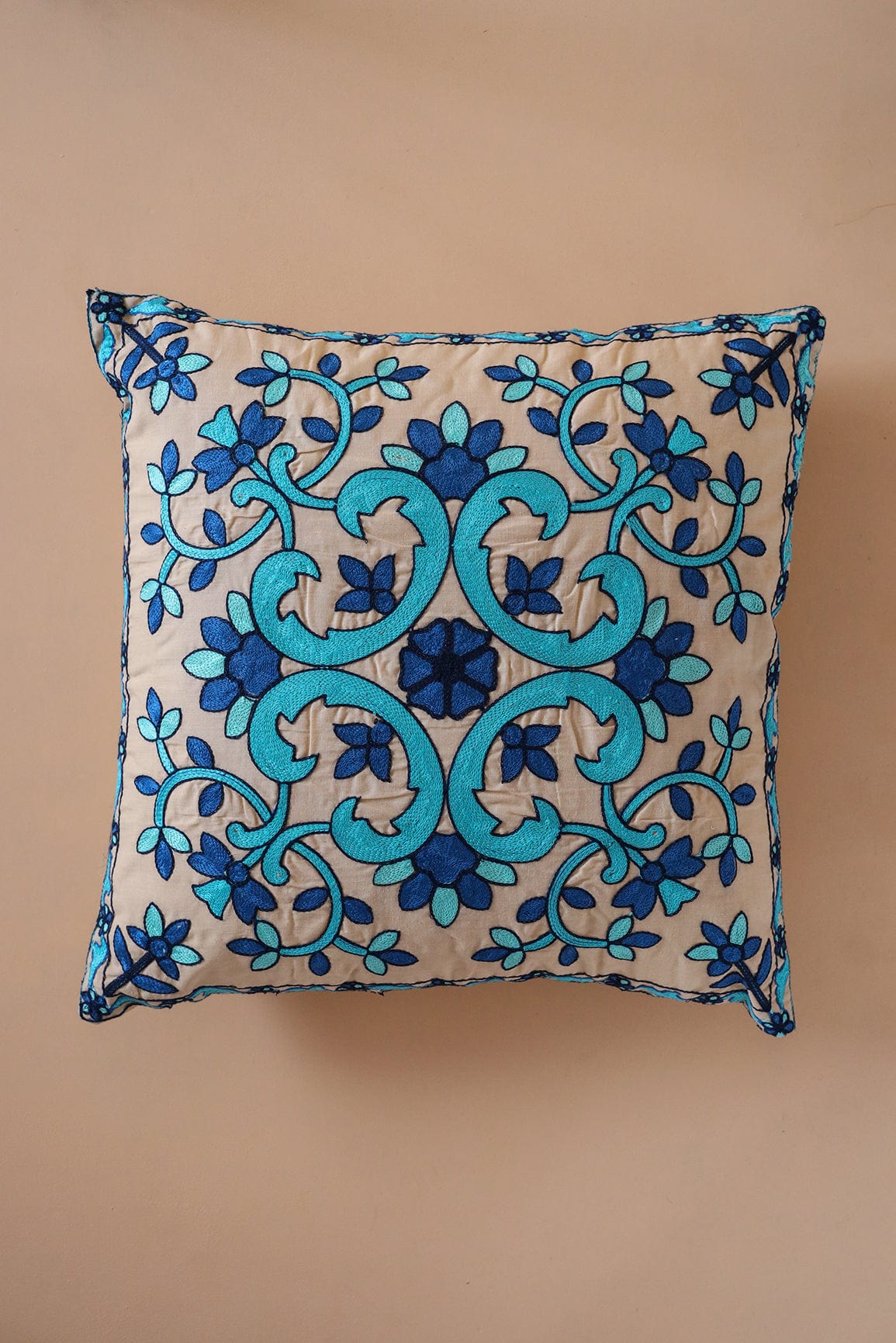 Royal Blue and Sky Blue Embroidery on off white cotton Cushion Cover (16*16 inches) - doeraa