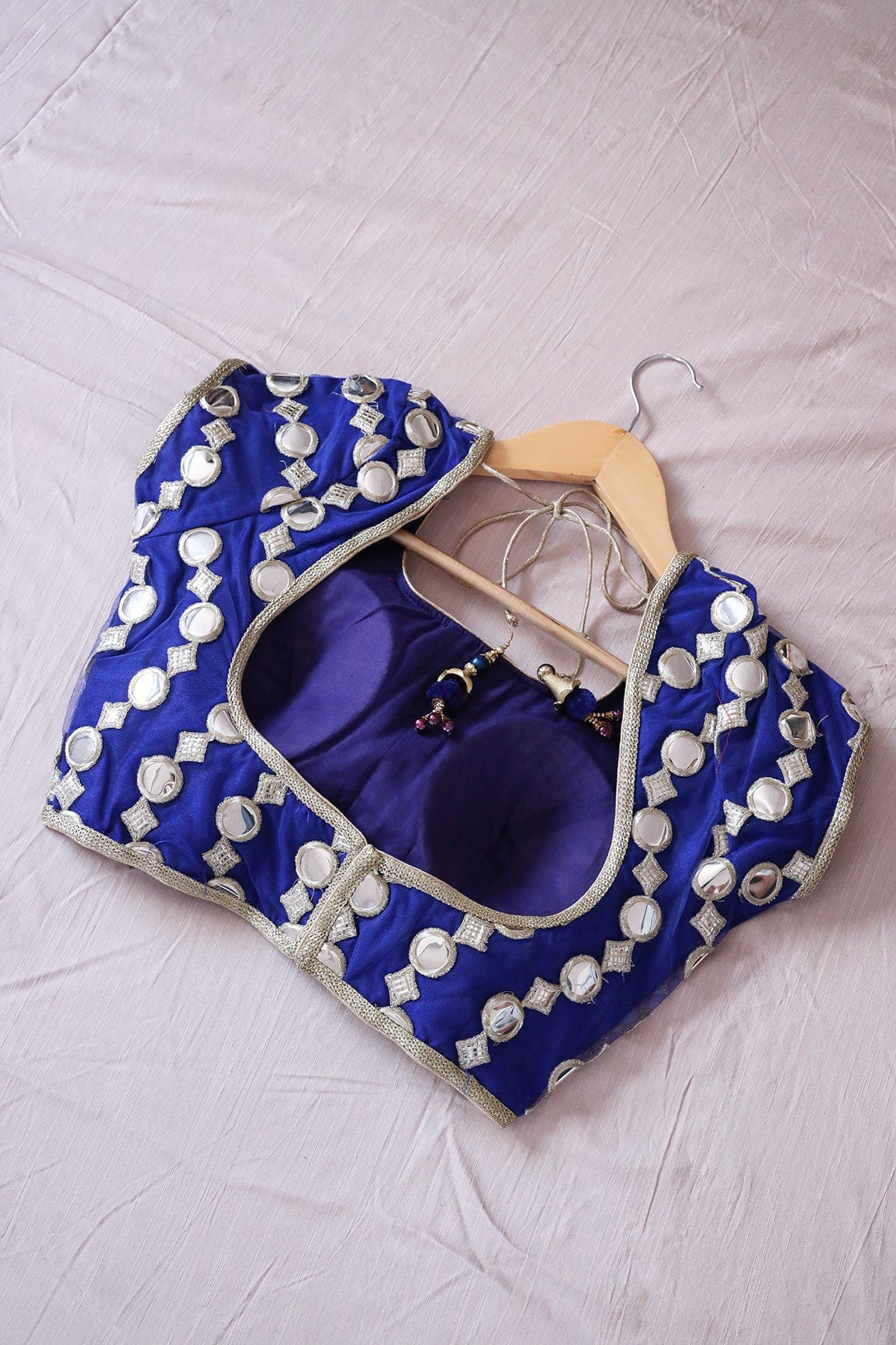 Royal Blue Foux Mirror With Silver Zari Embroidery Net Stitched Blouse - doeraa