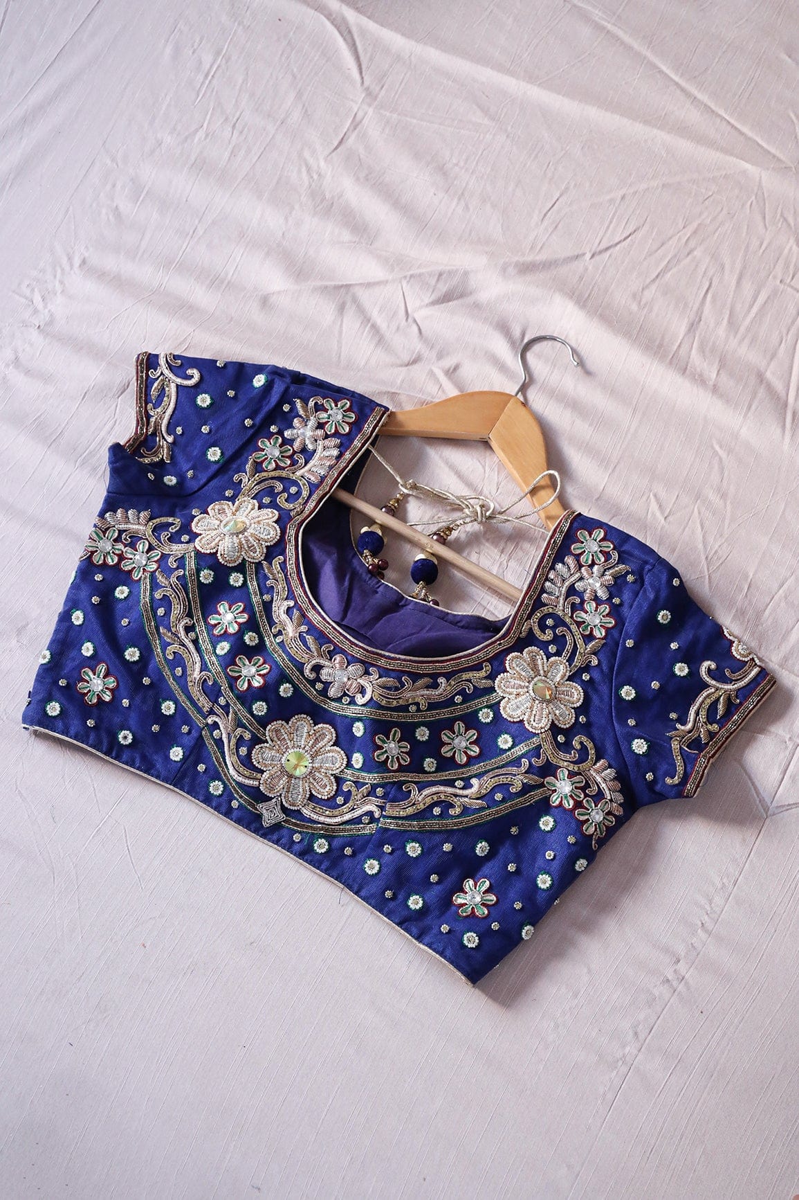 Royal Blue Hand Work Embroidery Net Stitched Blouse - doeraa