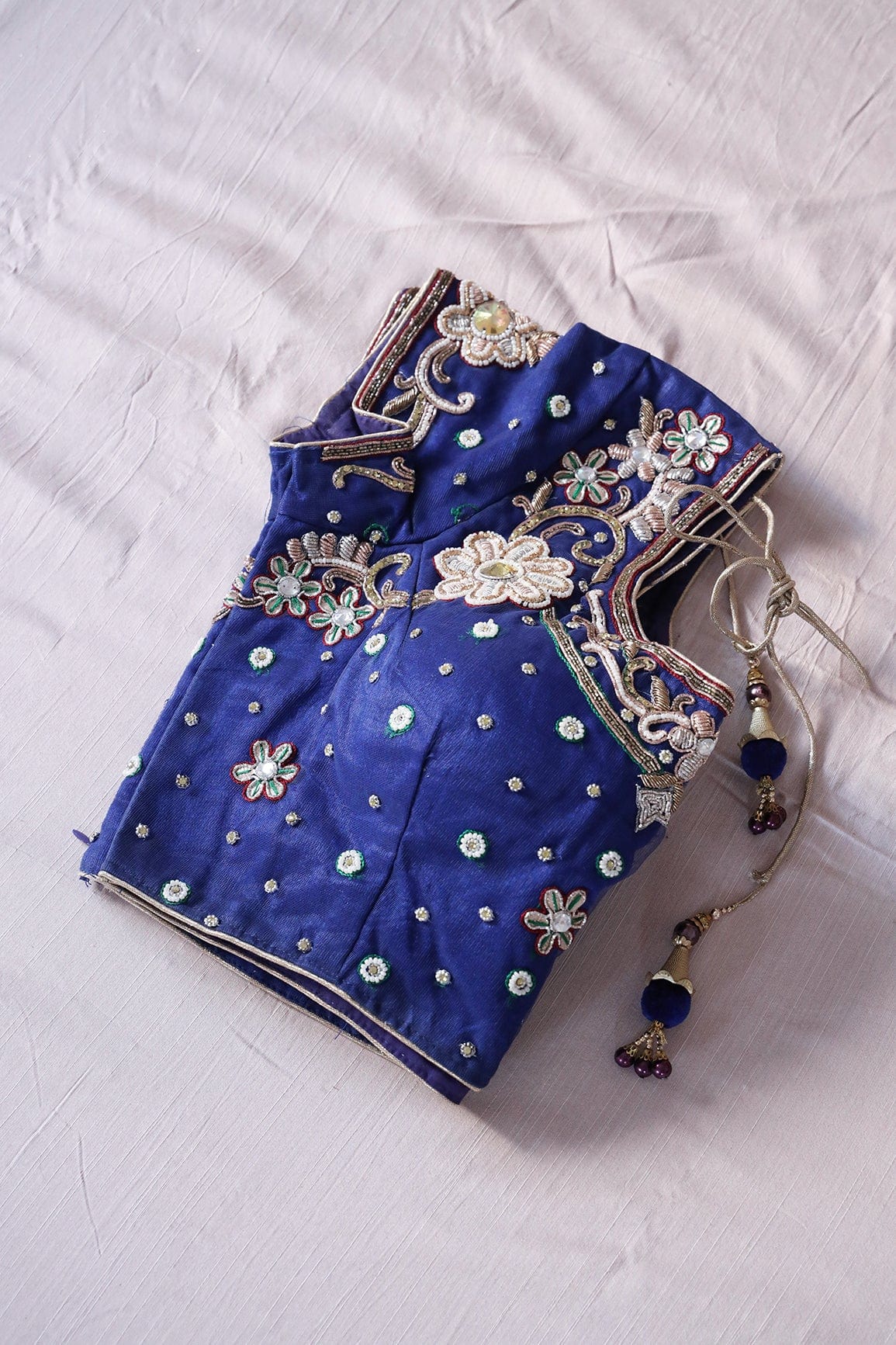 Royal Blue Hand Work Embroidery Net Stitched Blouse - doeraa