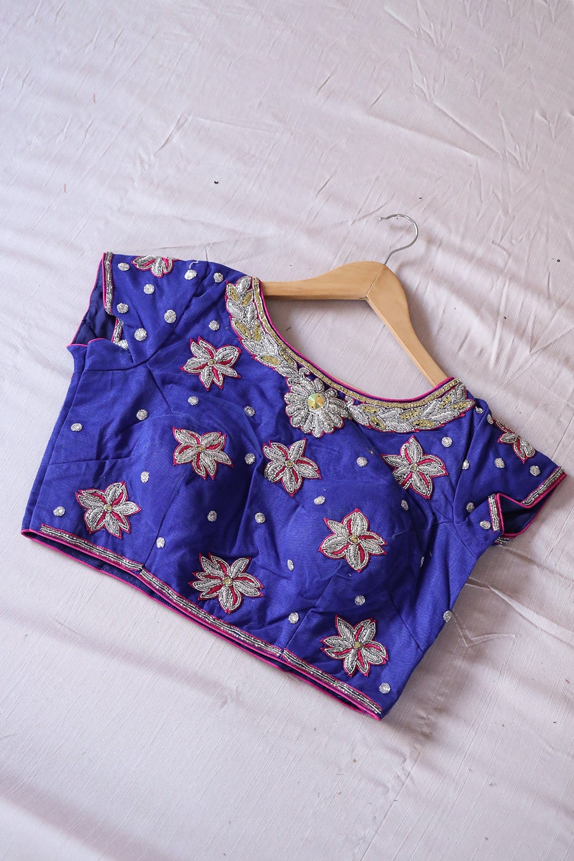 Royal Blue Hand Work Embroidery Net Stitched Blouse - doeraa