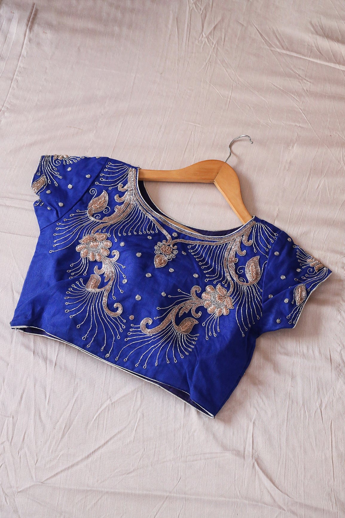 Royal Blue Hand Work Embroidery Net Stitched Blouse - doeraa