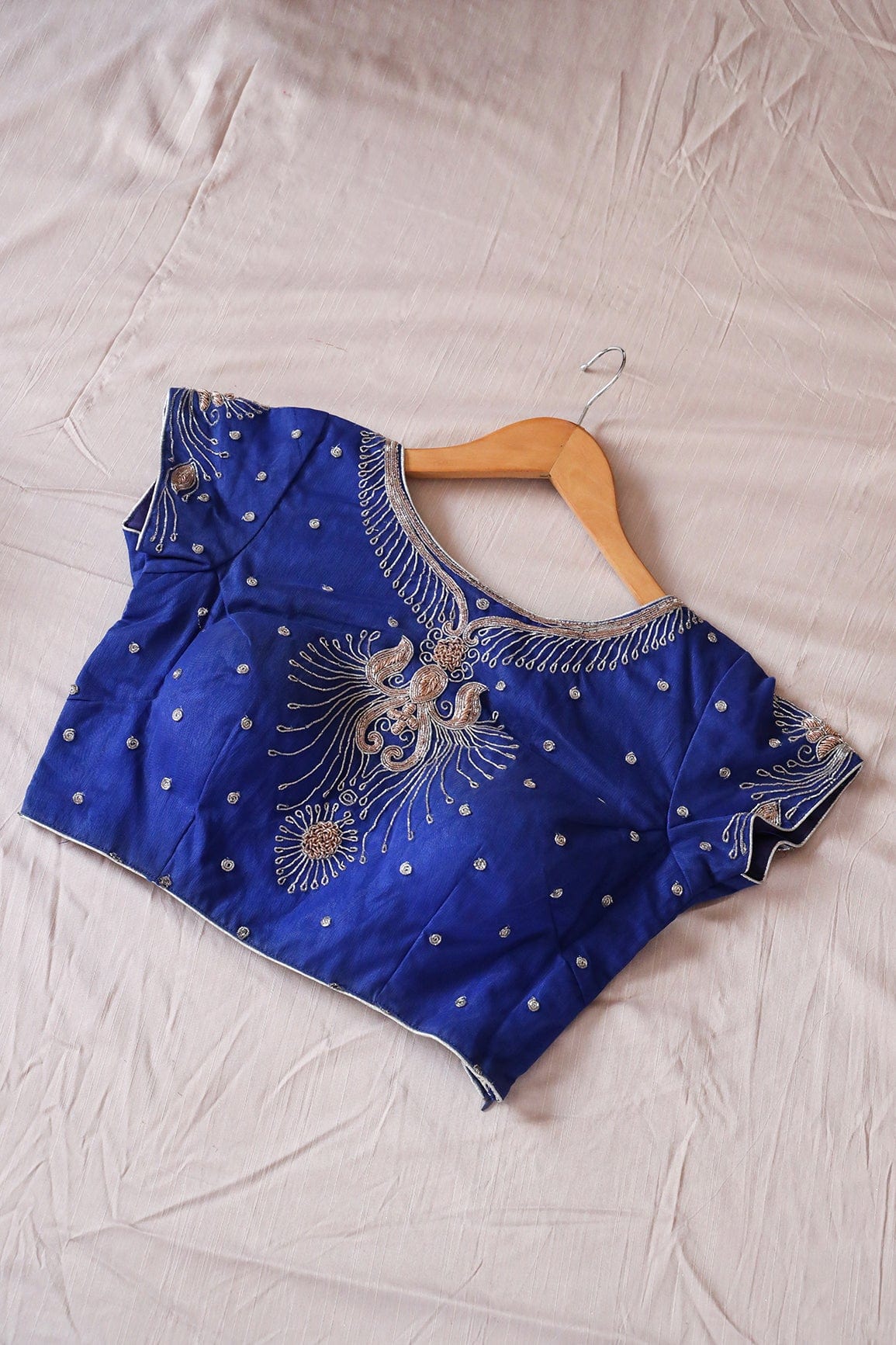 Royal Blue Hand Work Embroidery Net Stitched Blouse - doeraa