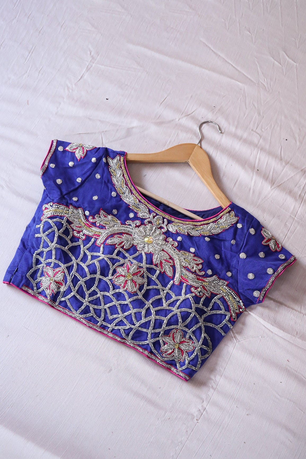 Royal Blue Hand Work Embroidery Net Stitched Blouse - doeraa