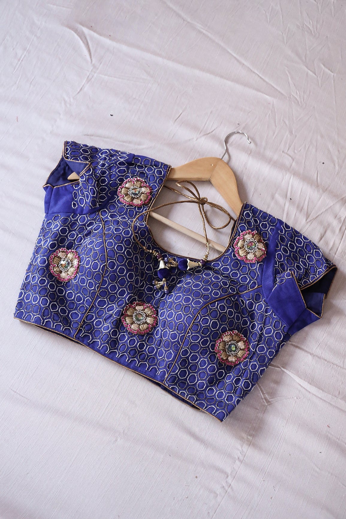 Royal Blue Hand Work Embroidery Net Stitched Blouse - doeraa