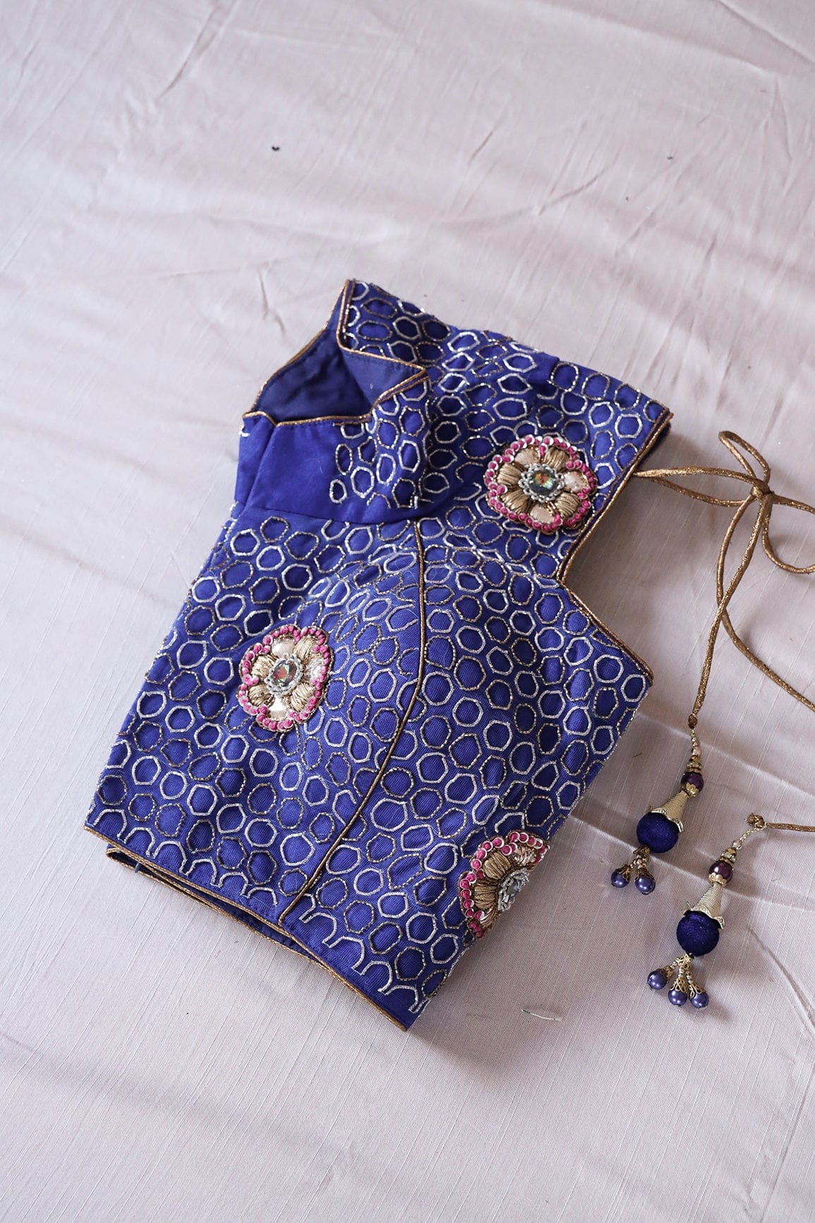 Royal Blue Hand Work Embroidery Net Stitched Blouse - doeraa