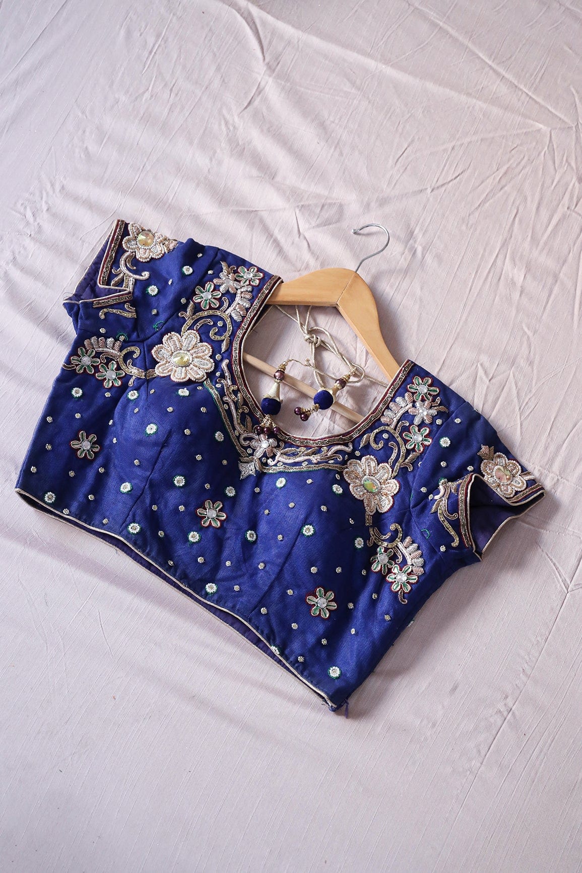 Royal Blue Hand Work Embroidery Net Stitched Blouse - doeraa