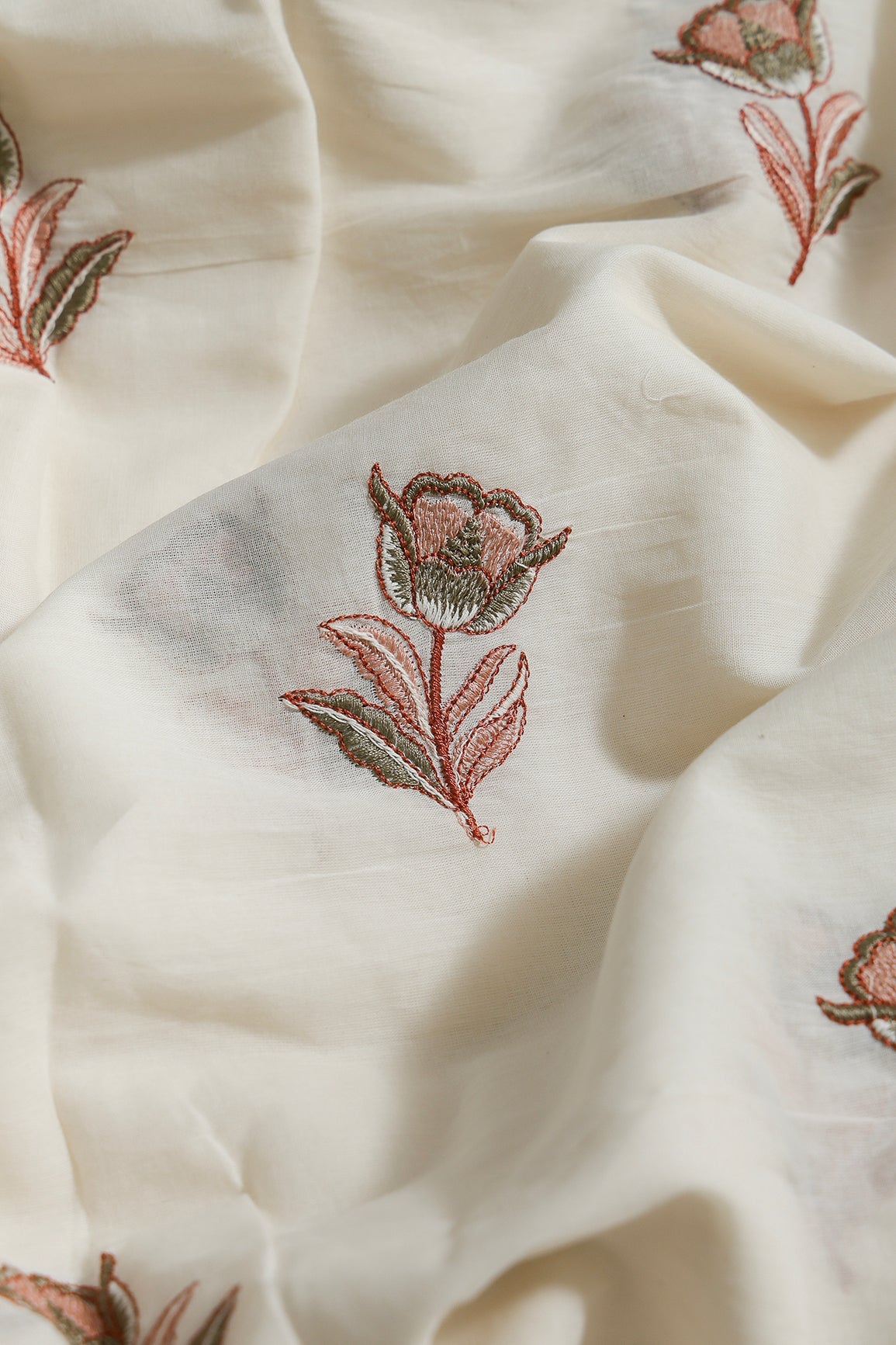 Rust And Olive Thread Beautiful Floral Embroidery Work On Off White Organic Cotton Fabric - doeraa