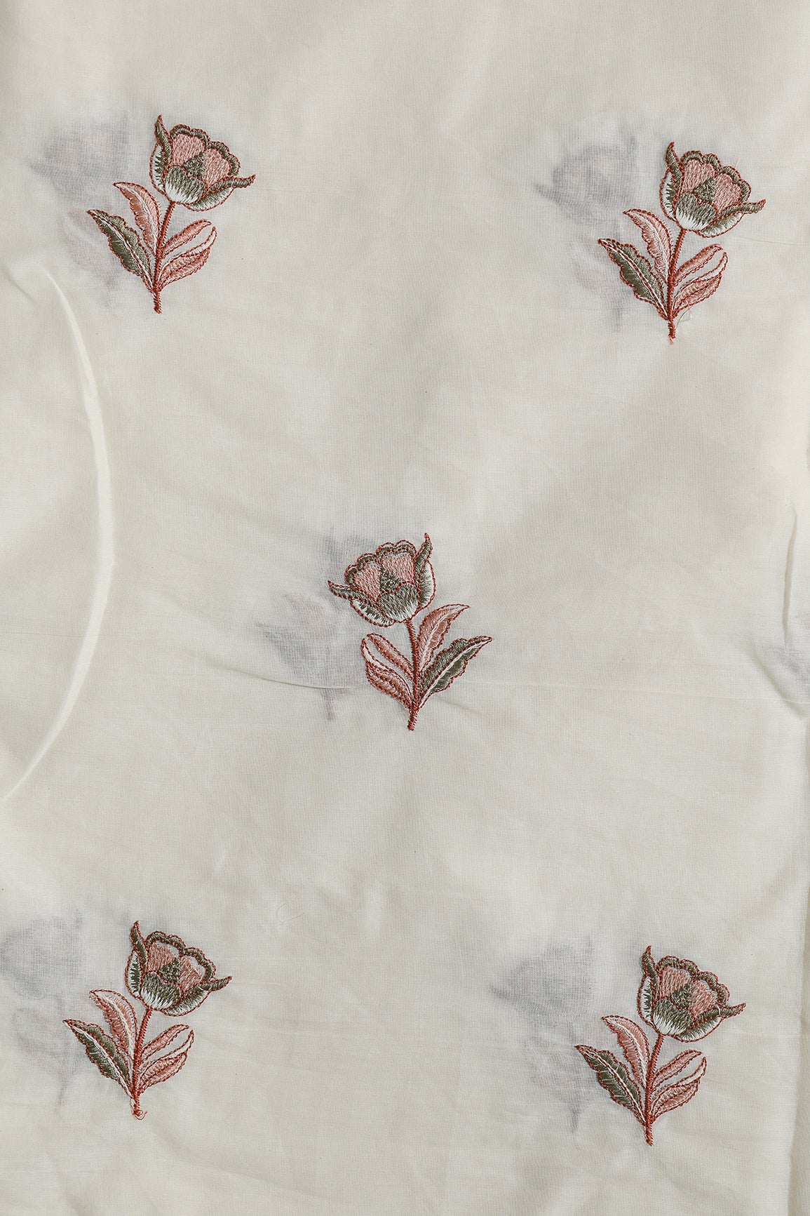 Rust And Olive Thread Beautiful Floral Embroidery Work On Off White Organic Cotton Fabric - doeraa