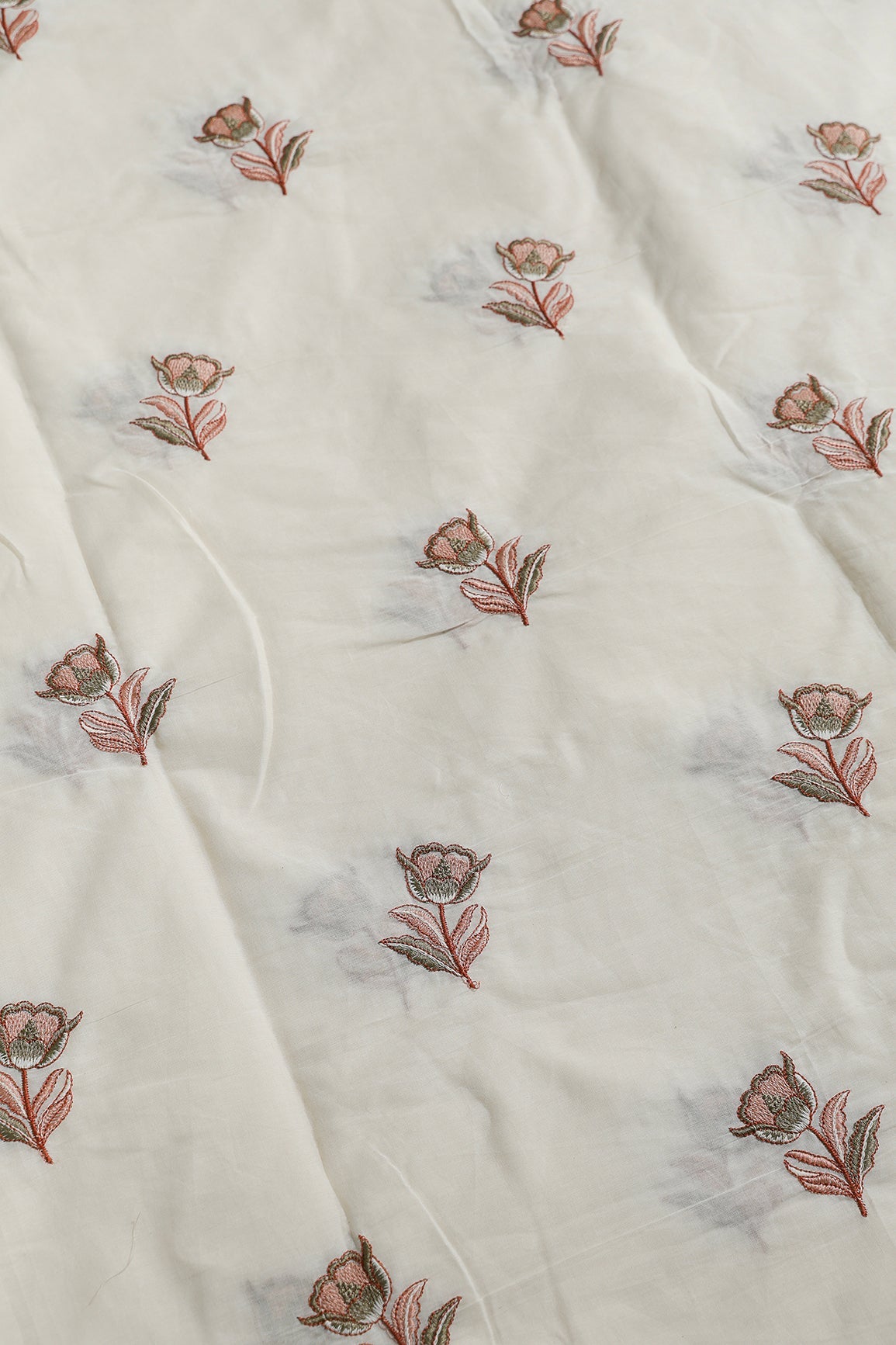 Rust And Olive Thread Beautiful Floral Embroidery Work On Off White Organic Cotton Fabric - doeraa