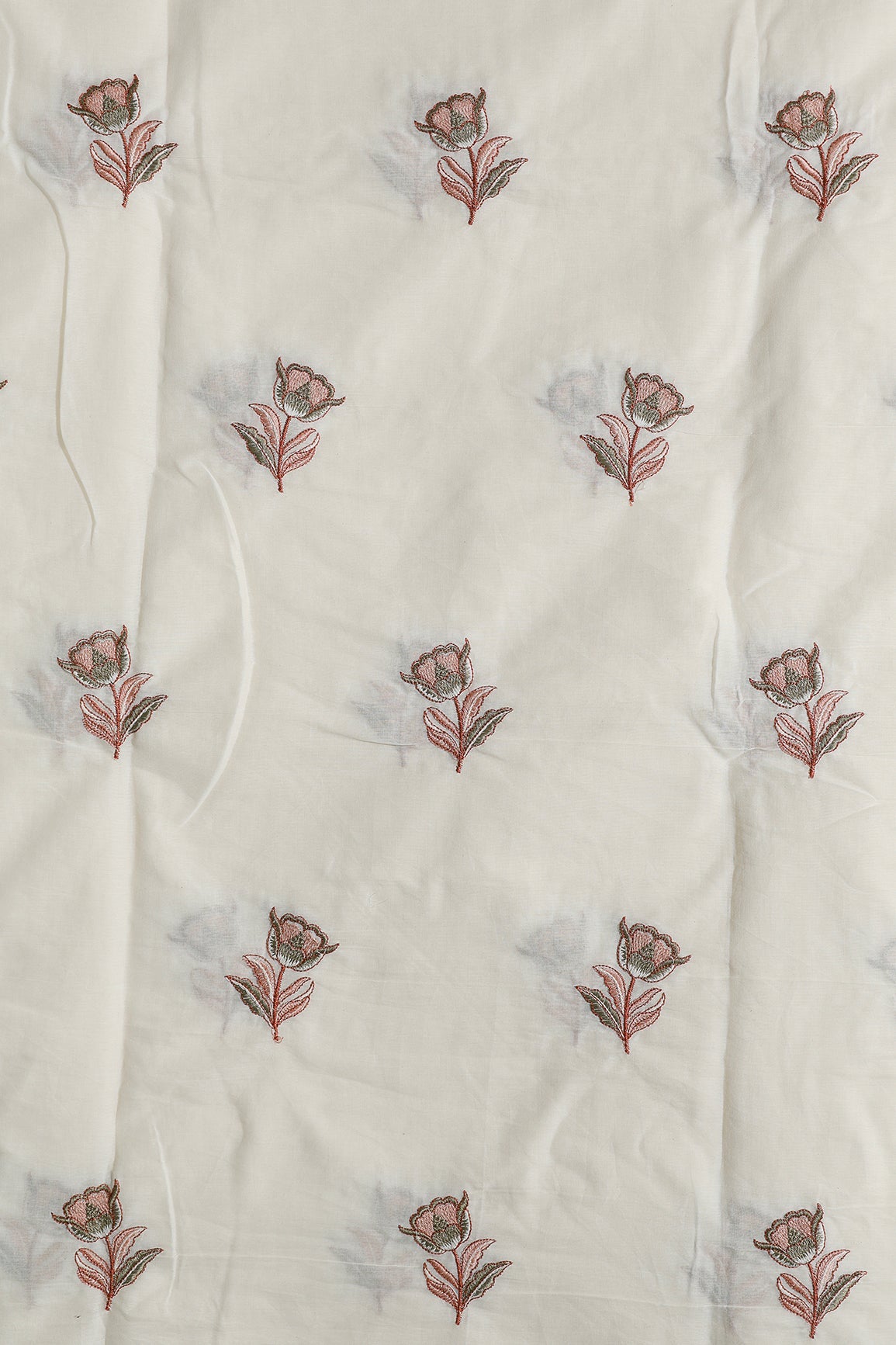 Rust And Olive Thread Beautiful Floral Embroidery Work On Off White Organic Cotton Fabric - doeraa