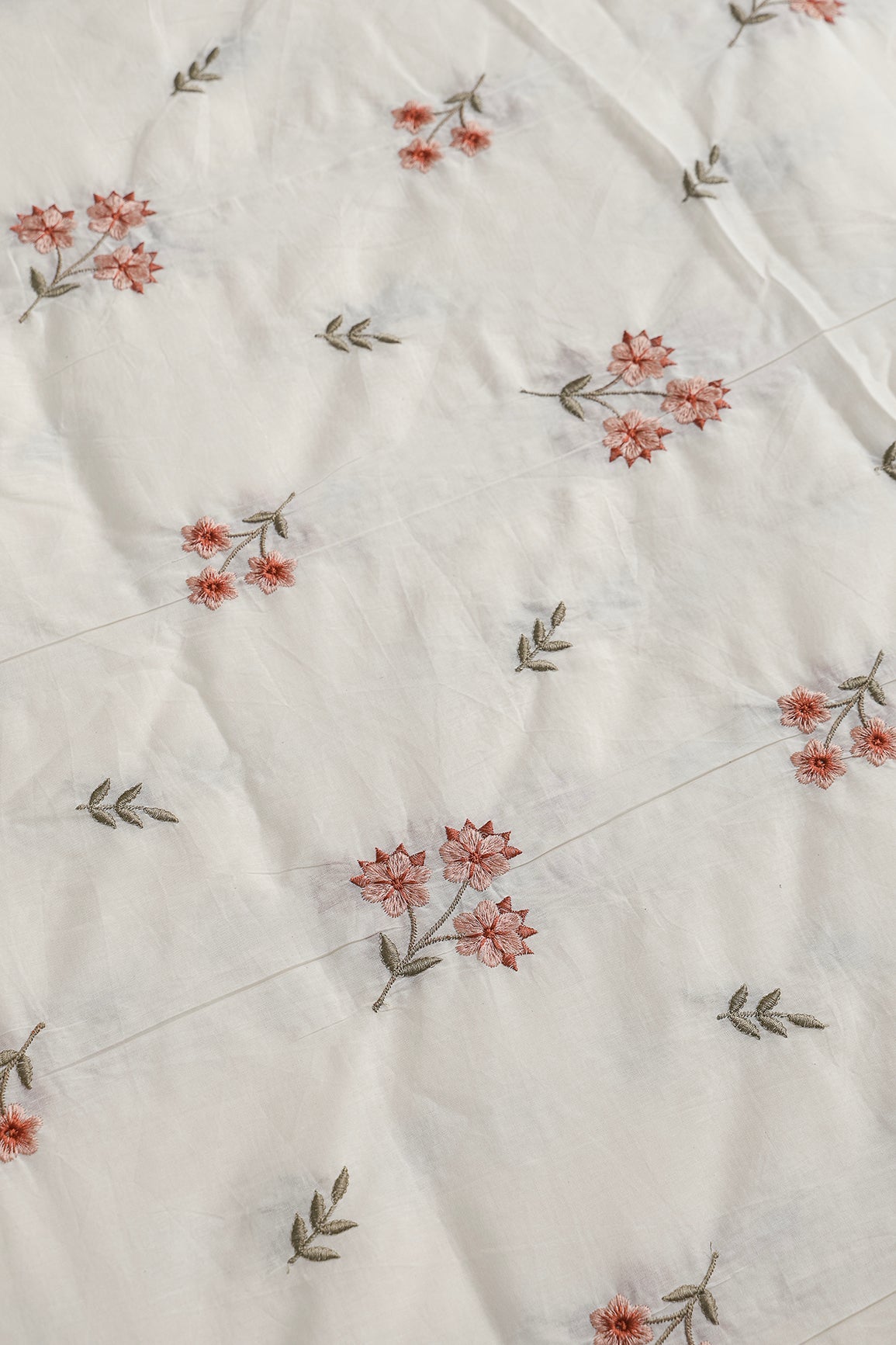 Rust And Peach Thread Beautiful Floral Embroidery Work On Off White Organic Cotton Fabric - doeraa