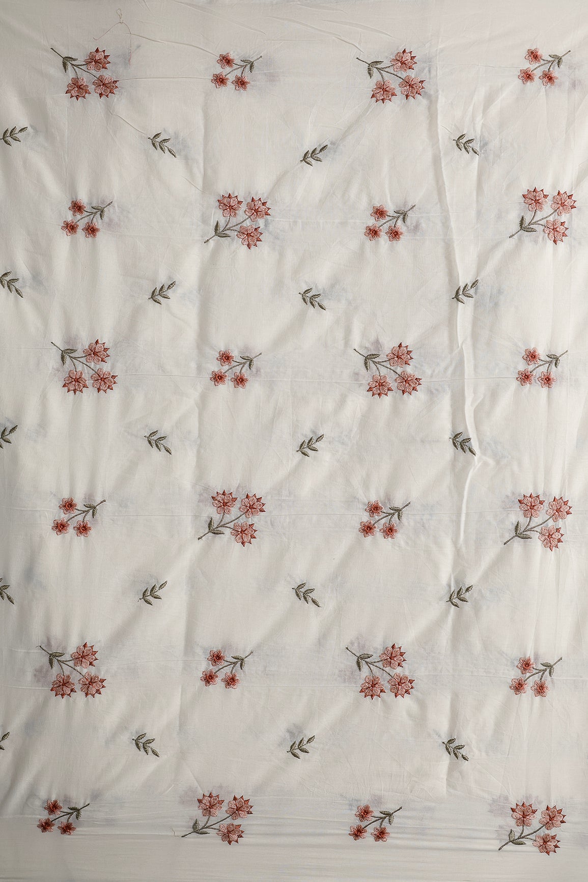 Rust And Peach Thread Beautiful Floral Embroidery Work On Off White Organic Cotton Fabric - doeraa