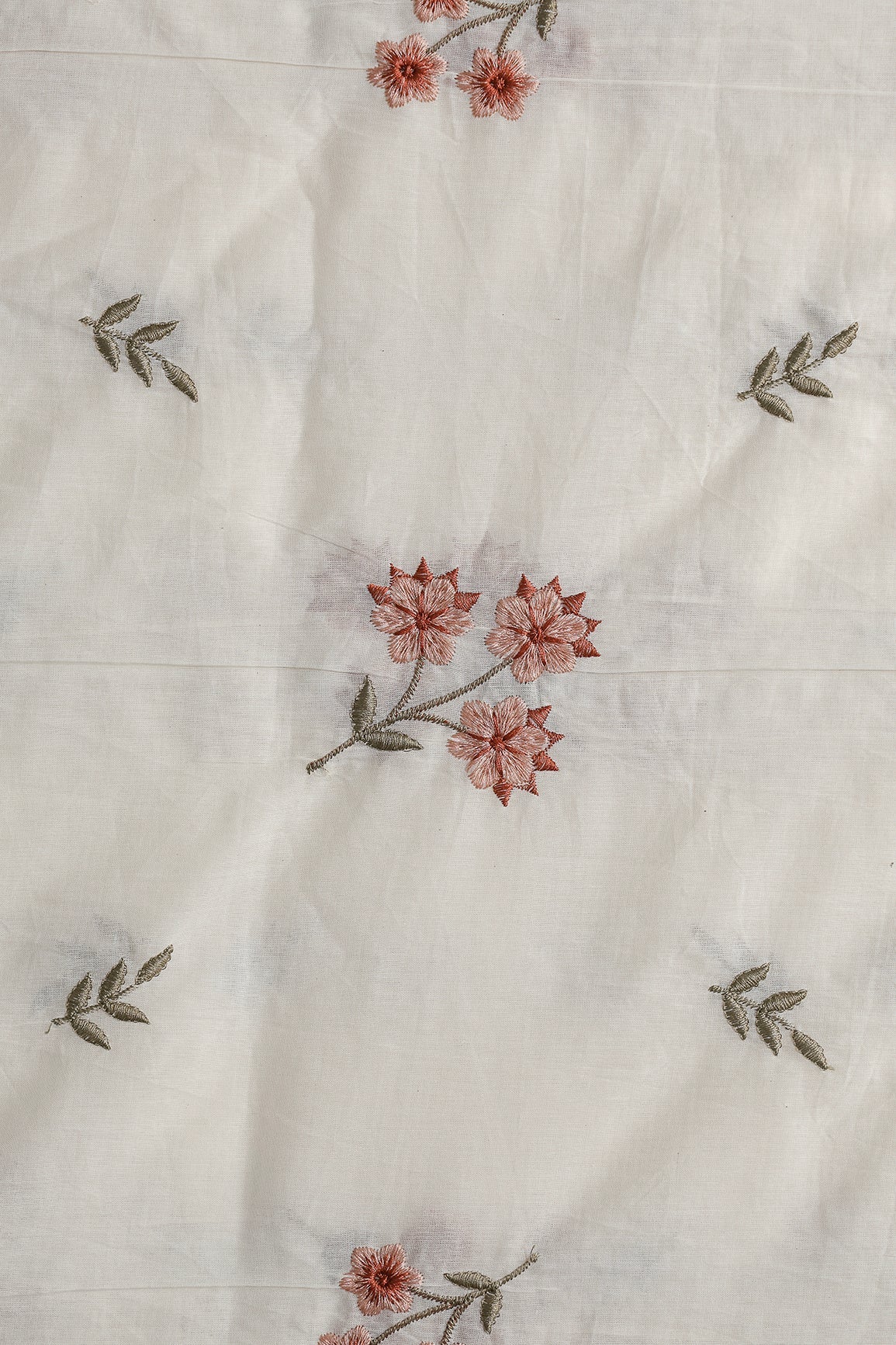 Rust And Peach Thread Beautiful Floral Embroidery Work On Off White Organic Cotton Fabric - doeraa