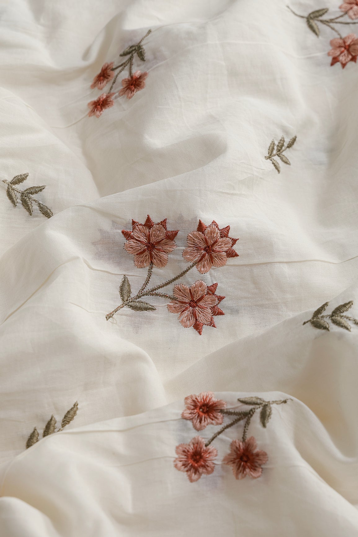 Rust And Peach Thread Beautiful Floral Embroidery Work On Off White Organic Cotton Fabric - doeraa