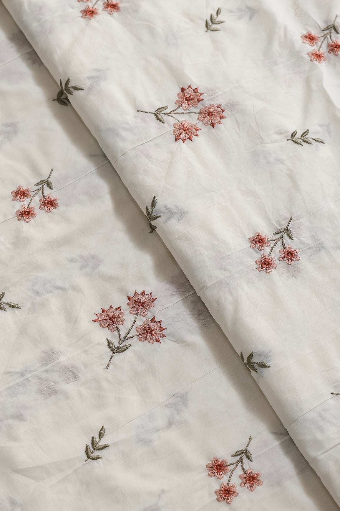 Rust And Peach Thread Beautiful Floral Embroidery Work On Off White Organic Cotton Fabric - doeraa
