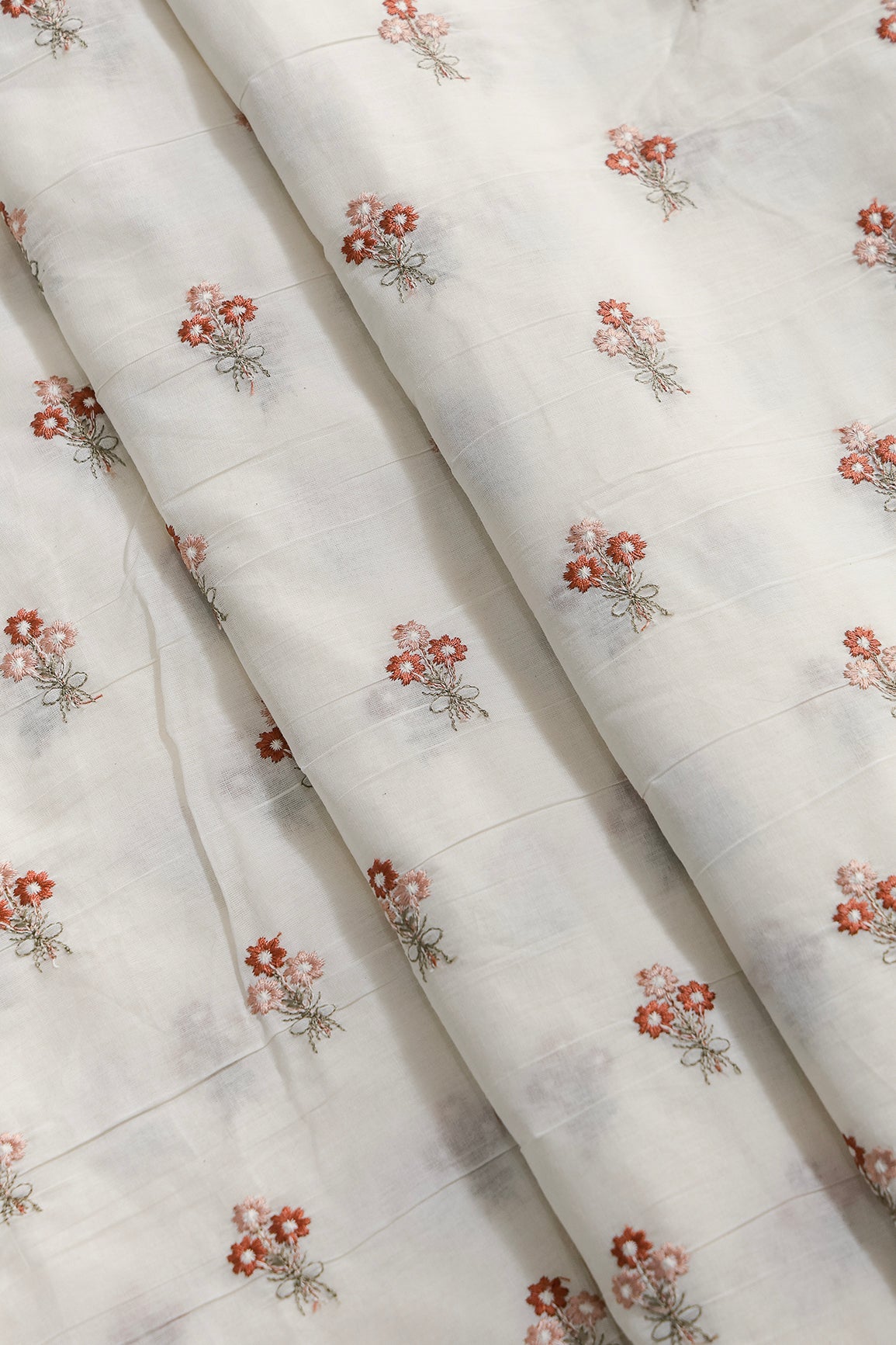 Rust And Peach Thread Small Floral Embroidery Work On Off White Organic Cotton Fabric - doeraa