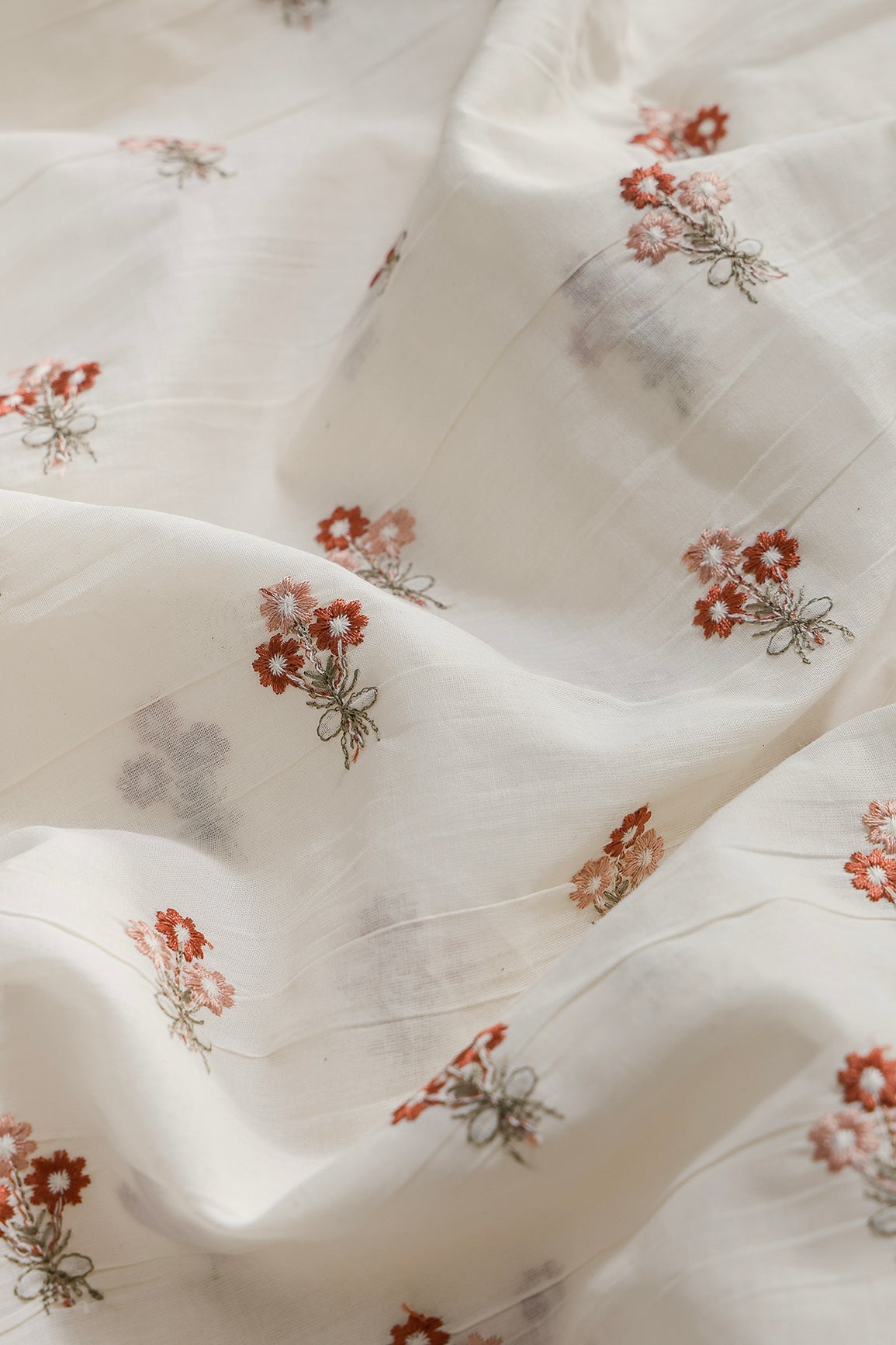 Rust And Peach Thread Small Floral Embroidery Work On Off White Organic Cotton Fabric - doeraa