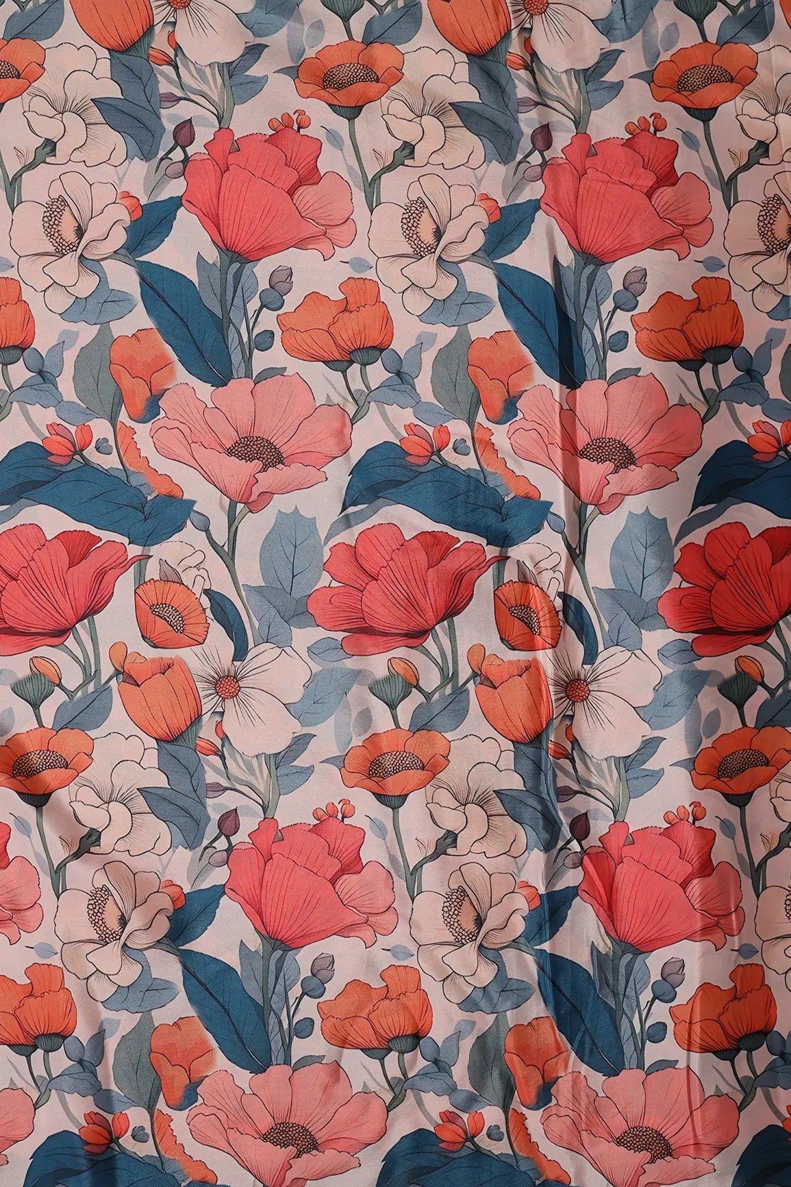 Rust Orange And Blue Floral Pattern Digital Print On French Crepe Fabric - doeraa