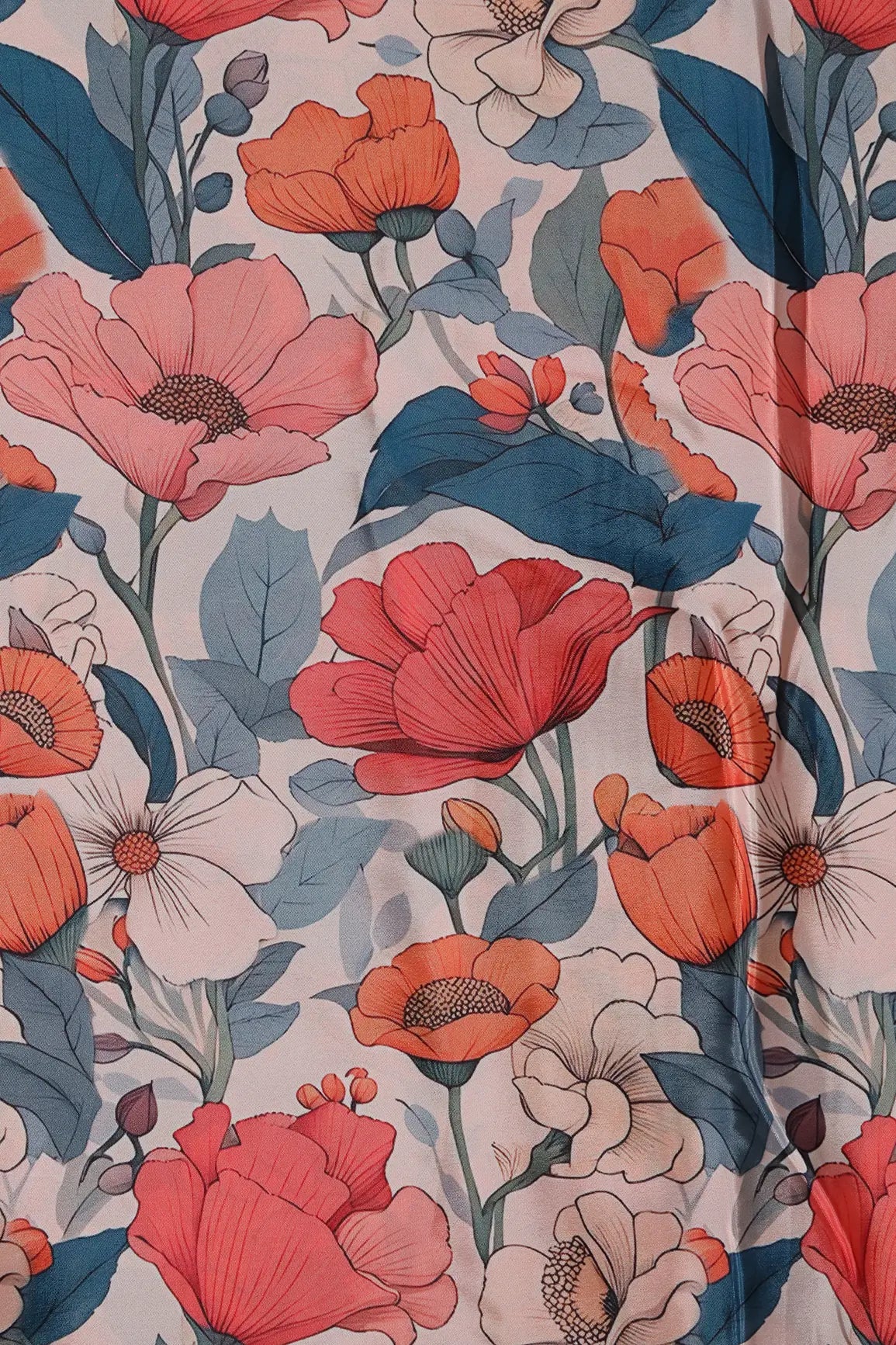Rust Orange And Blue Floral Pattern Digital Print On French Crepe Fabric - doeraa