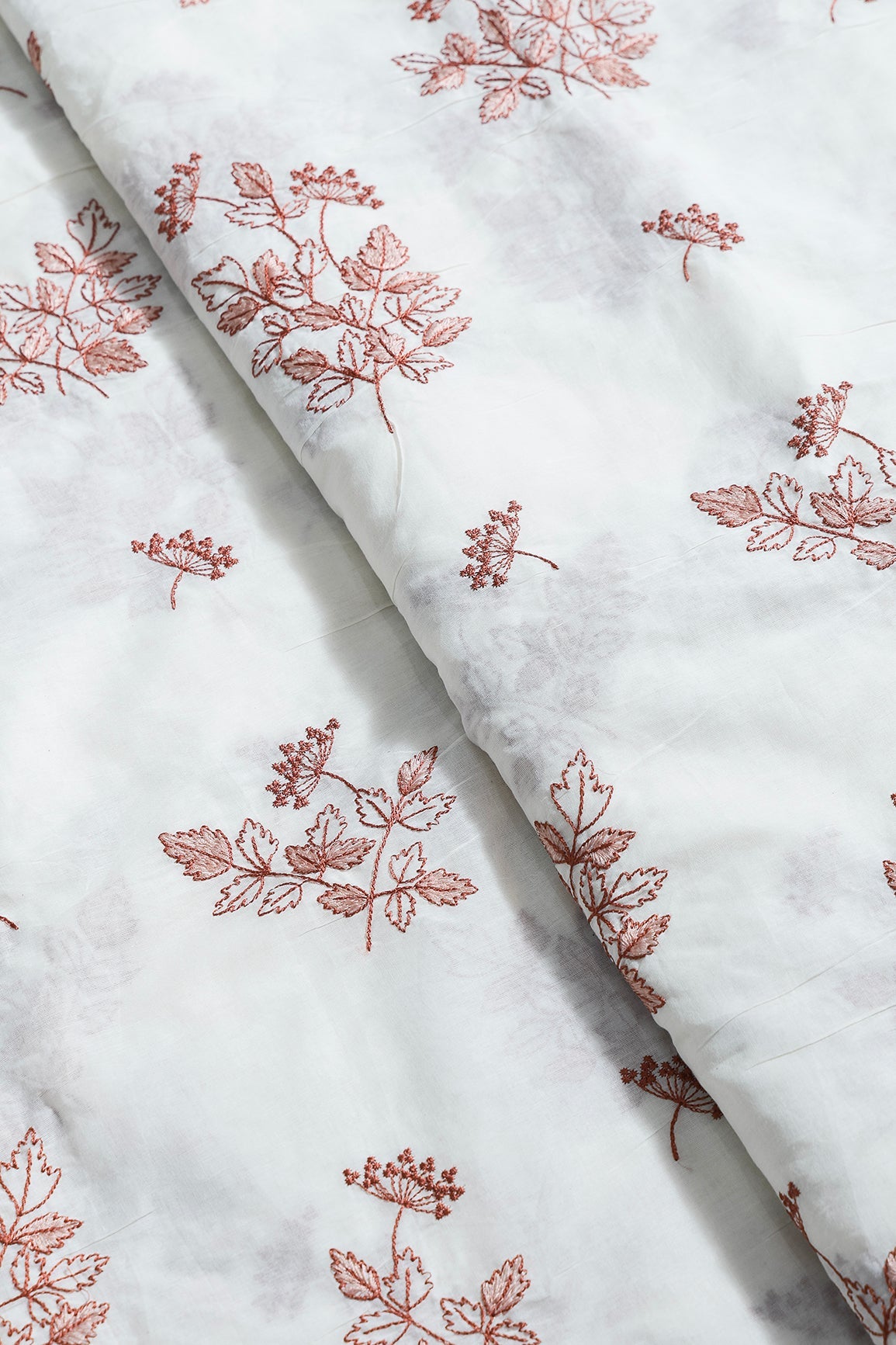 Rust Thread Beautiful Leafy Embroidery Work On Off White Organic Cotton Fabric - doeraa