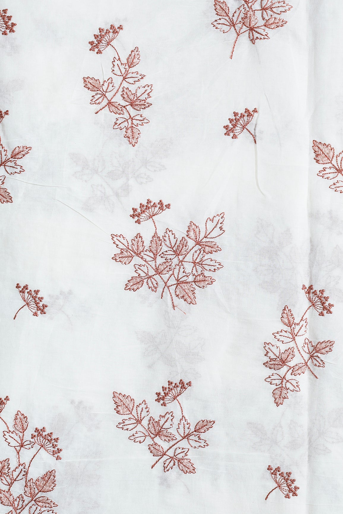 Rust Thread Beautiful Leafy Embroidery Work On Off White Organic Cotton Fabric - doeraa