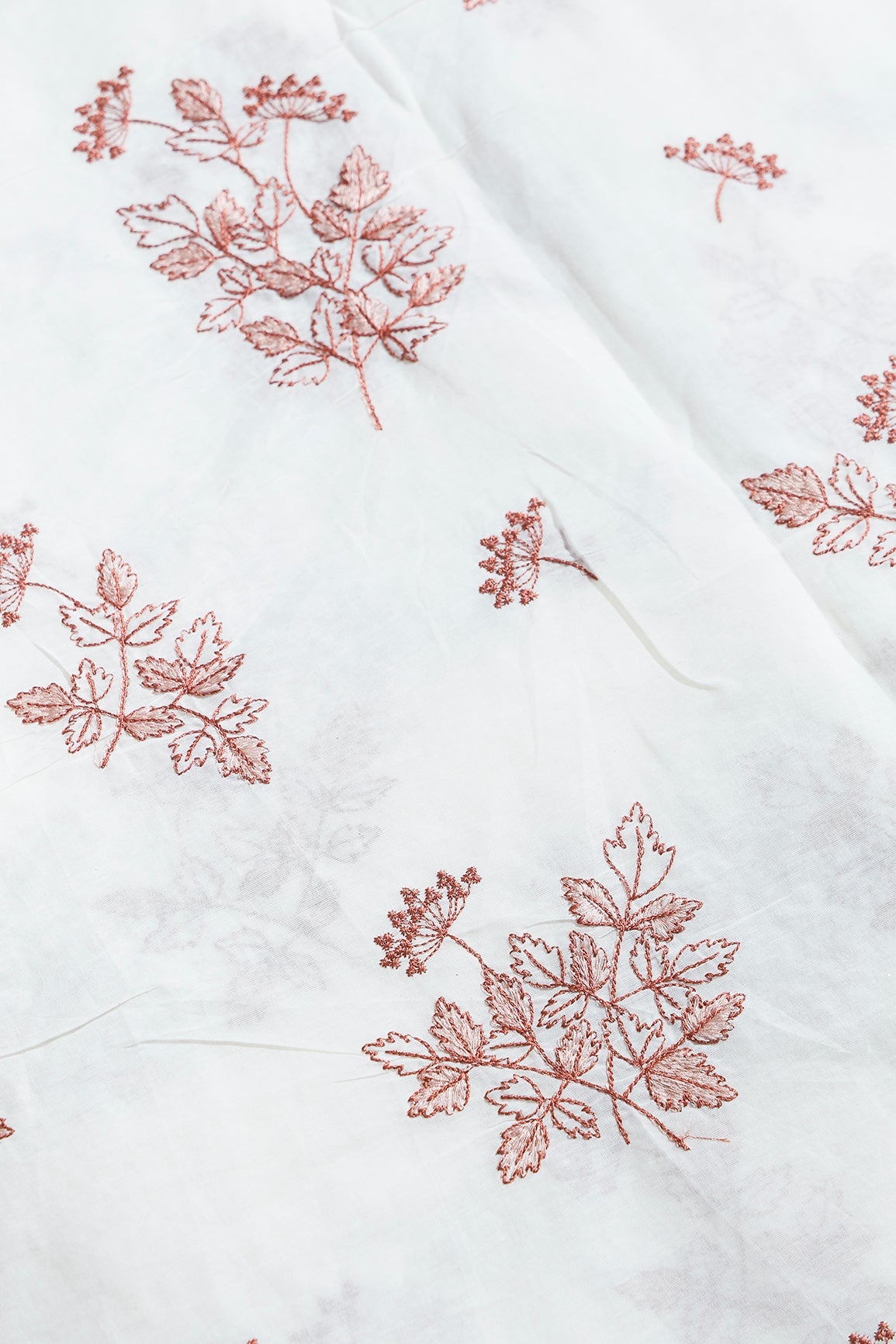 Rust Thread Beautiful Leafy Embroidery Work On Off White Organic Cotton Fabric - doeraa