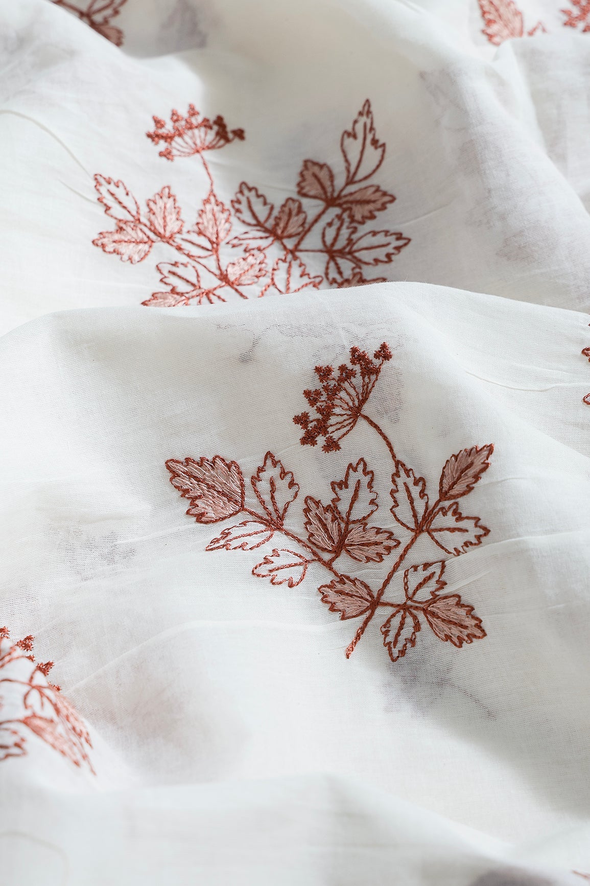 Rust Thread Beautiful Leafy Embroidery Work On Off White Organic Cotton Fabric - doeraa
