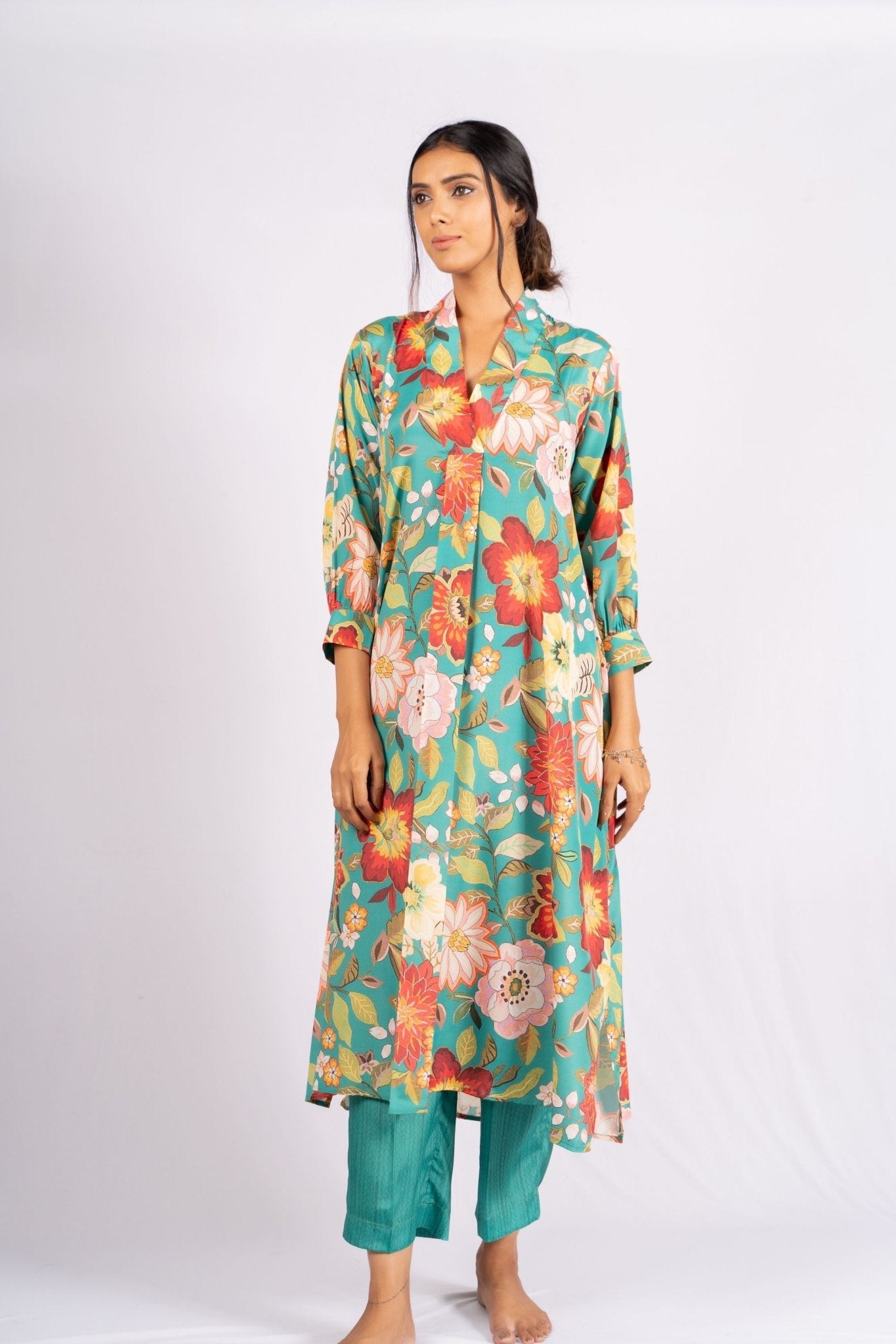 Sage Floral Green Crepe Indian Co - ord Set - doeraa