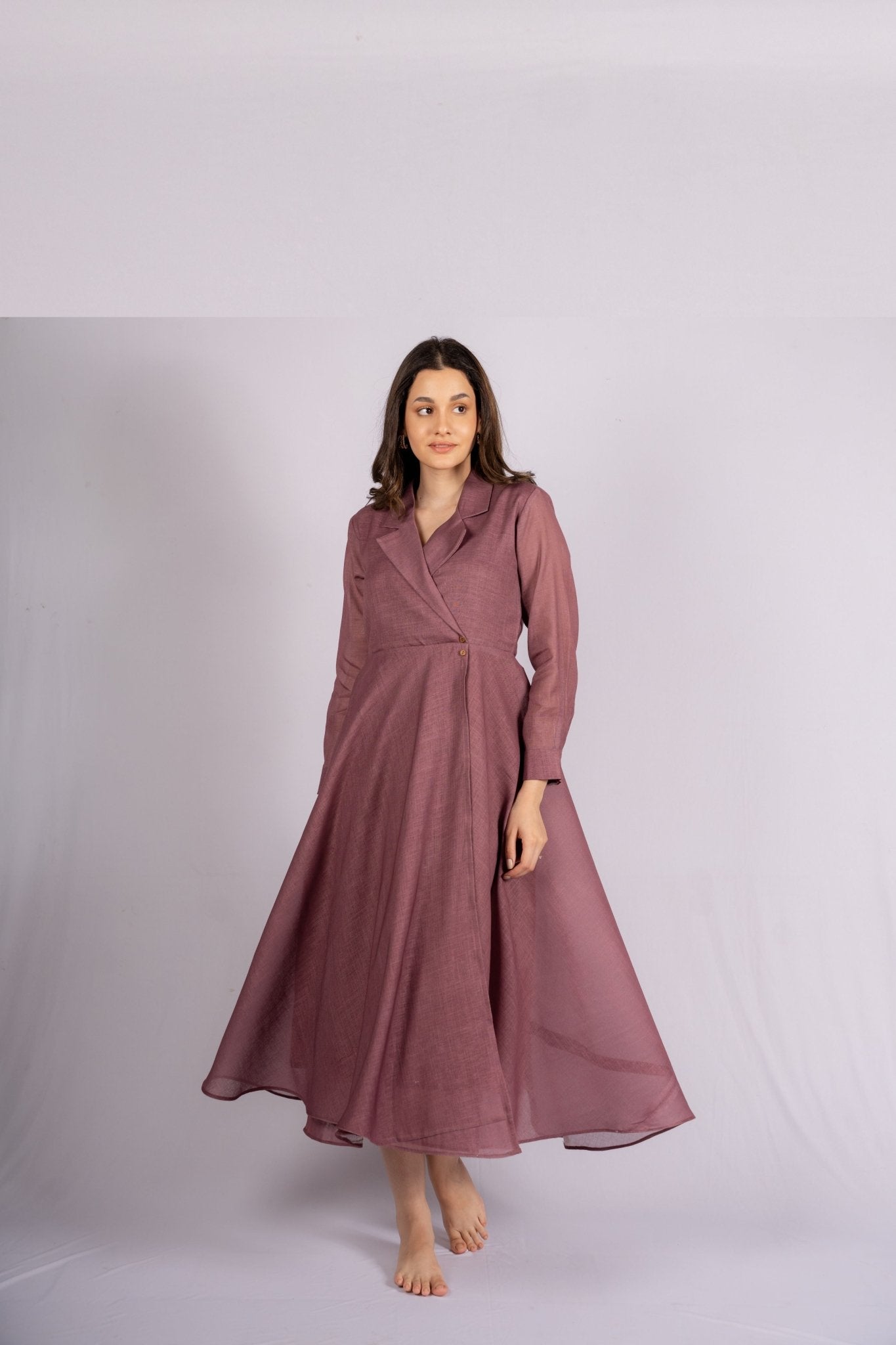 Scarlet Dusty Rose Color Linen Dress with Wooden Buttons - doeraa