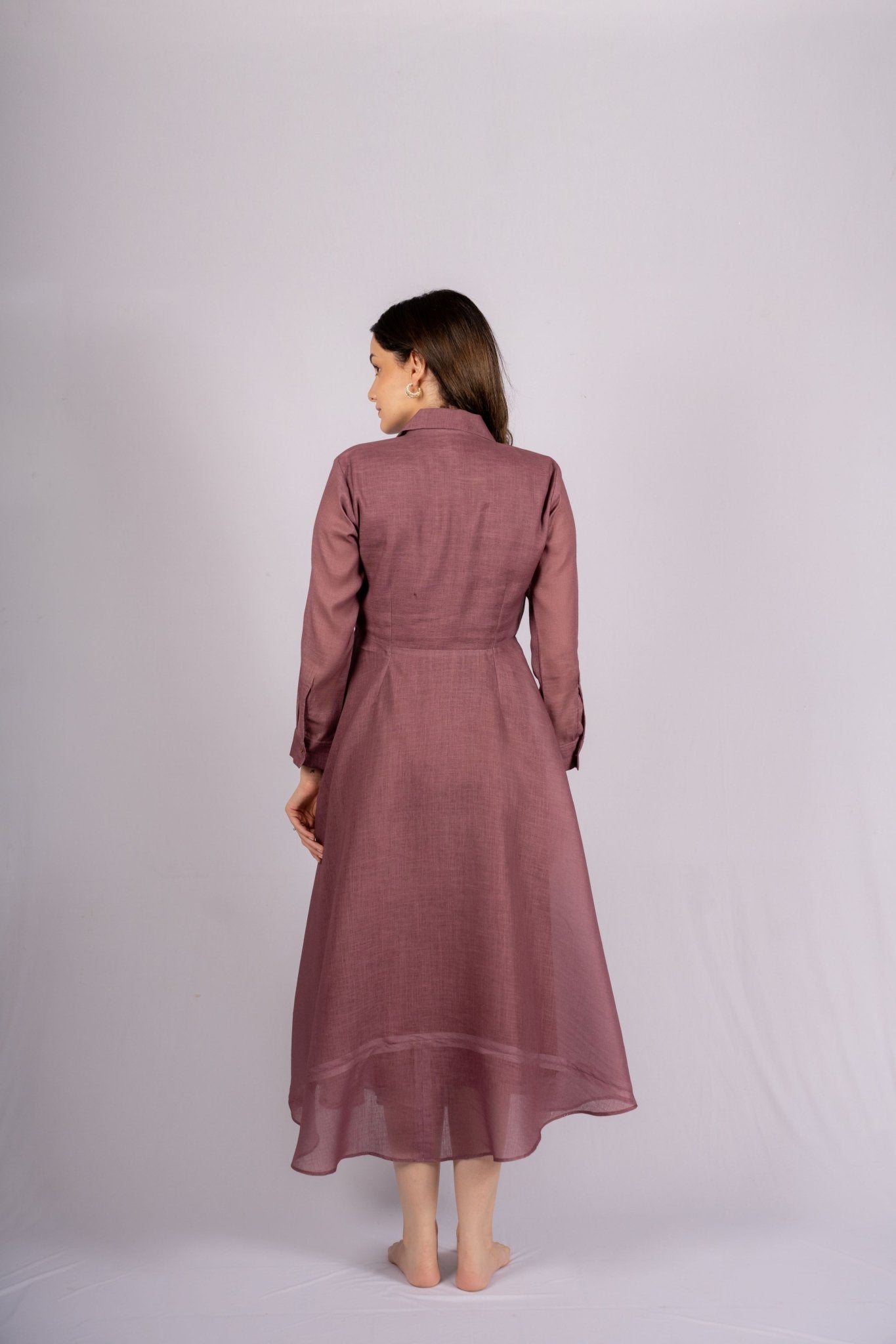 Scarlet Dusty Rose Color Linen Dress with Wooden Buttons - doeraa