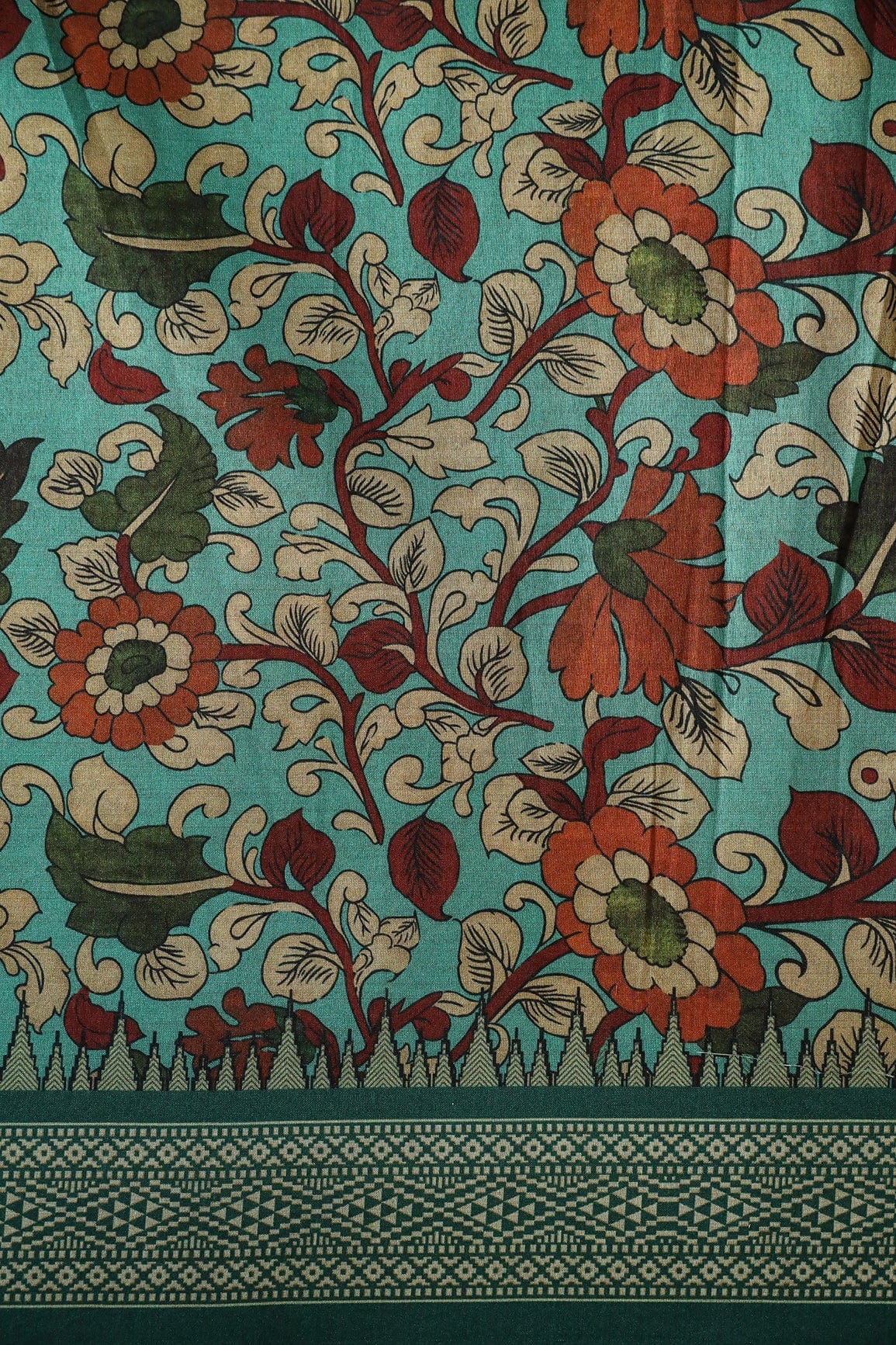 Sea Green Floral Pattern Digital Print On Mulberry Silk Fabric With Border - doeraa