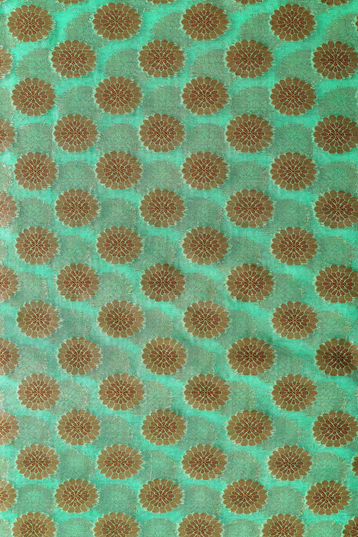 Sea Green Floral Pure Net Gold Zari Banarasi Jacquard Fabric - doeraa