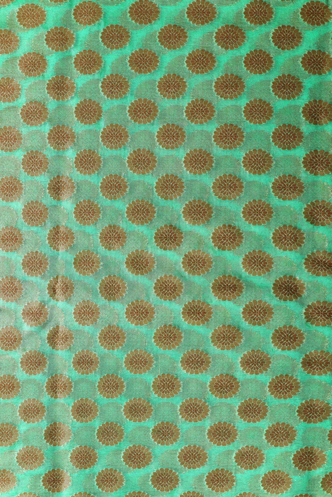 Sea Green Floral Pure Net Gold Zari Banarasi Jacquard Fabric - doeraa