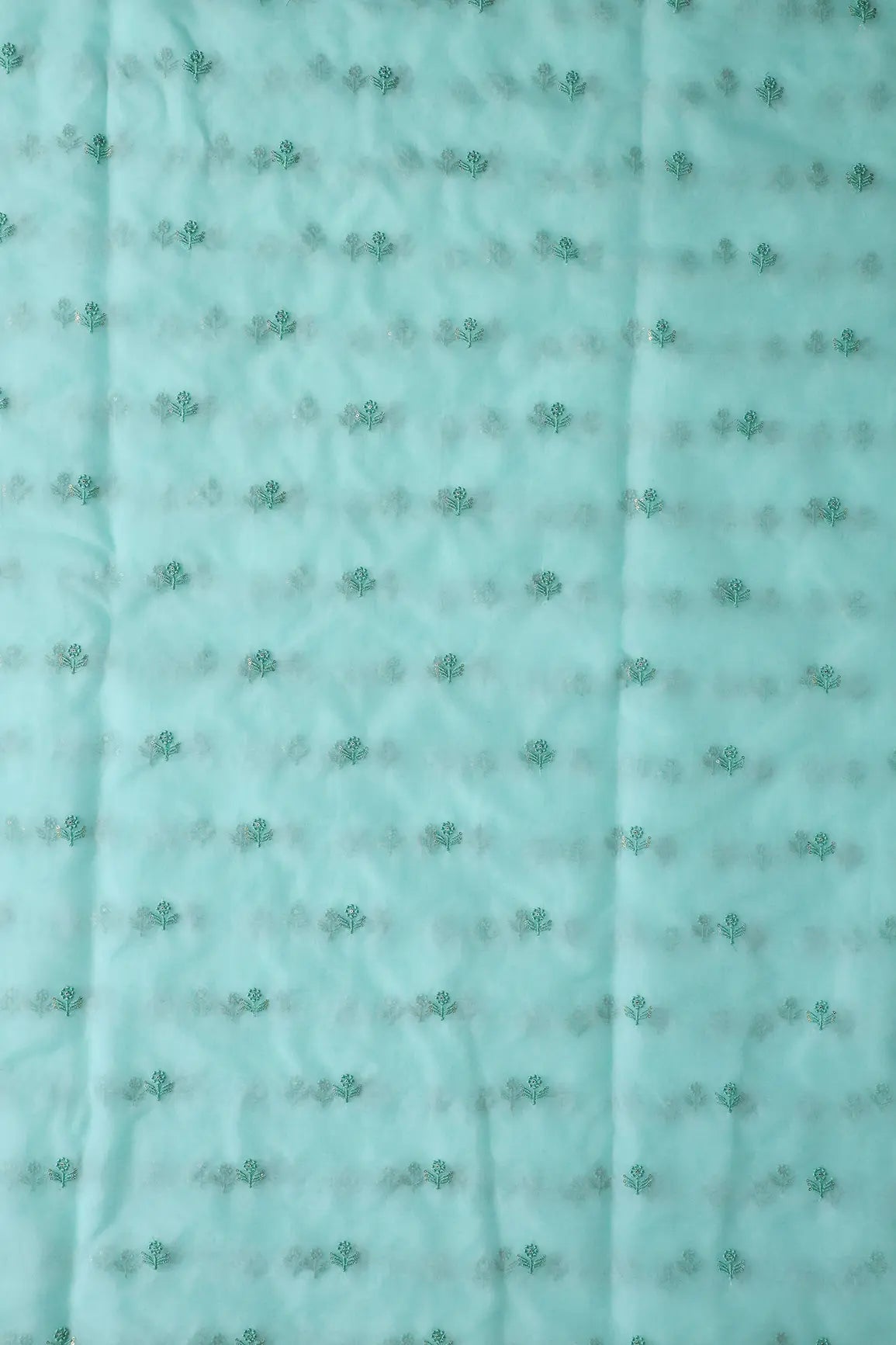 Sea Green Thread With Sequins Beautiful Small Floral Motif Embroidery Work On Sea Green Organza Fabric - doeraa