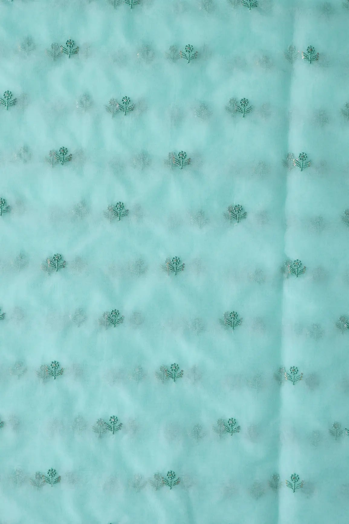 Sea Green Thread With Sequins Beautiful Small Floral Motif Embroidery Work On Sea Green Organza Fabric - doeraa