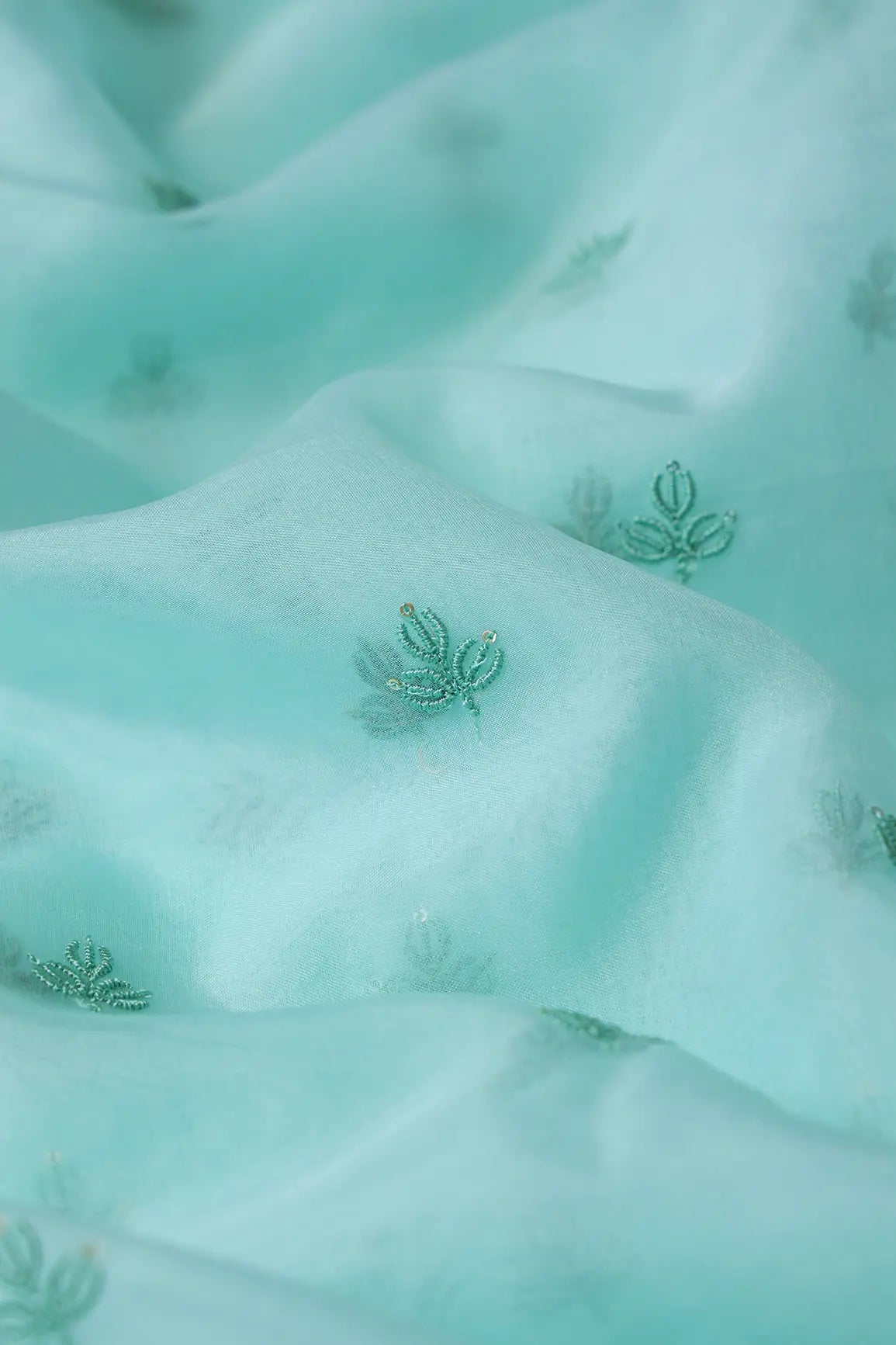 Sea Green Thread With Sequins Beautiful Small Leafy Embroidery Work On Sea Green Organza Fabric - doeraa