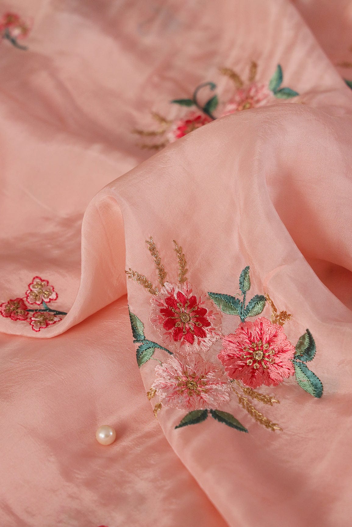 Sequins and Zari with Multi Colour Floral Embroidery On Baby Pink Uppada Silk Fabric - doeraa