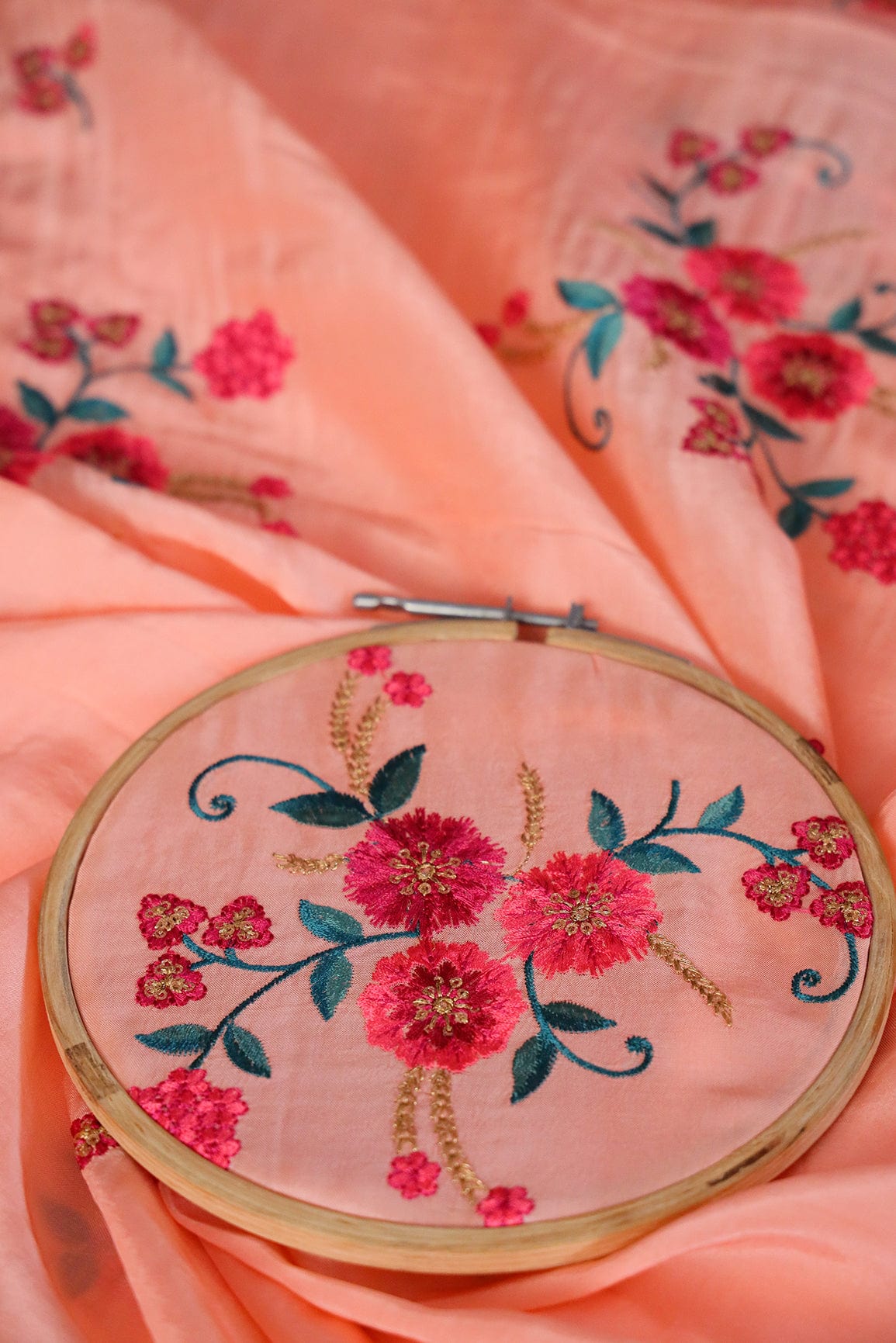 Sequins and Zari with Multi Colour Floral Embroidery On Peach Uppada Silk Fabric - doeraa