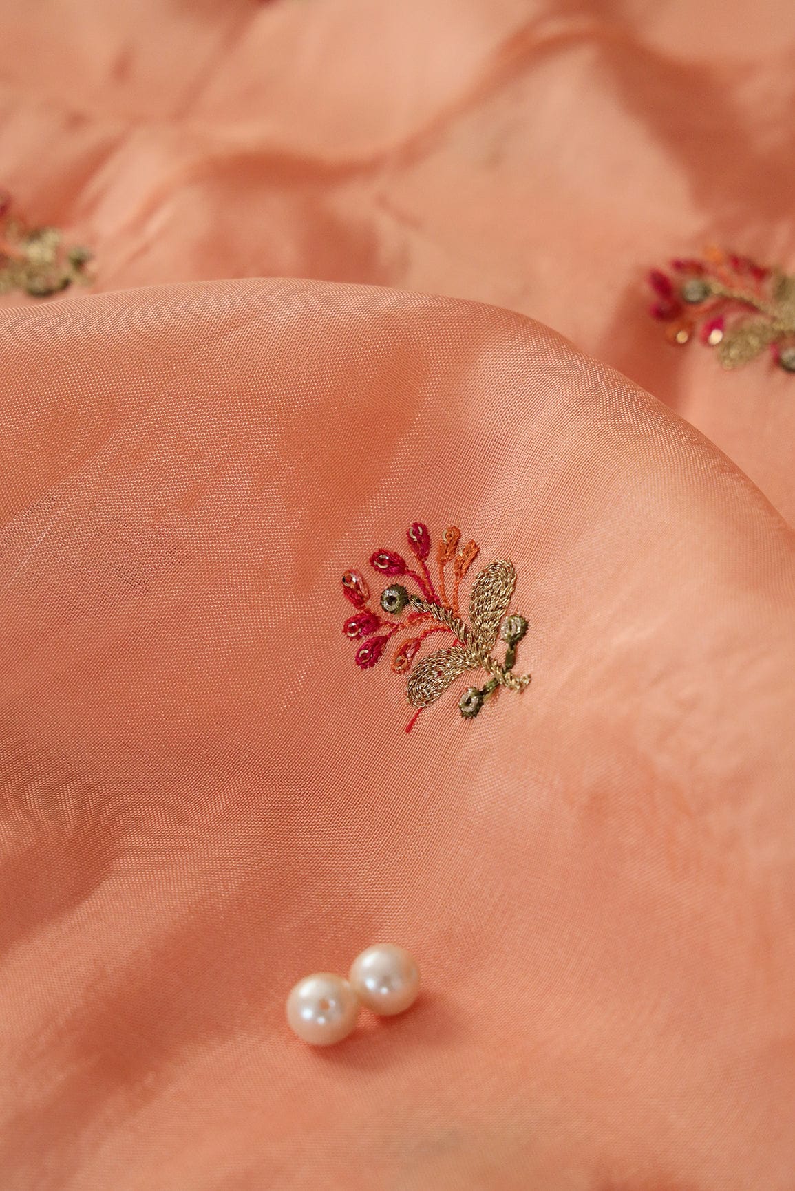 Sequins and Zari Work with Floral Embroidery On Peach Uppada Silk Fabric - doeraa