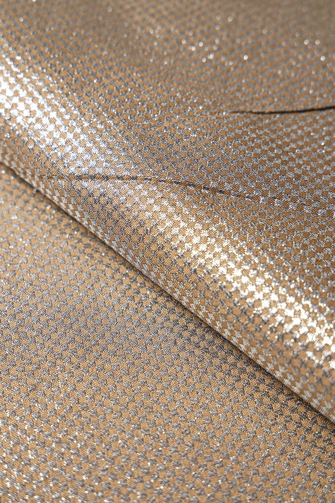 Silver And Beige Zari Matty Checks Textured Banarasi Jacquard Fabric - doeraa